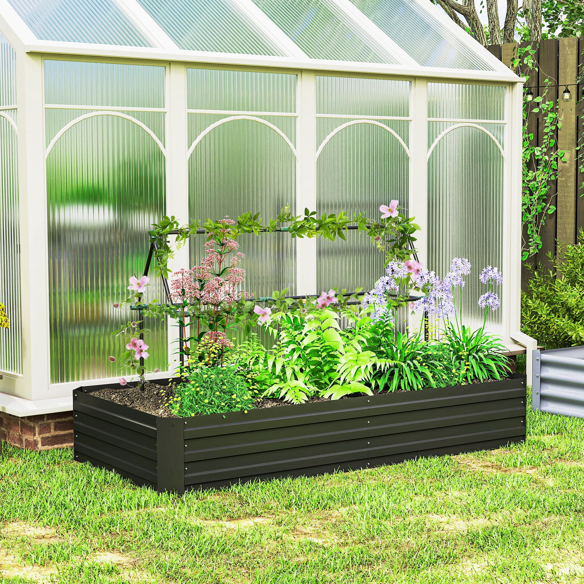 6' x 3' x 1' Raised Garden Bed with 2 Trellis Tomato Cages, Steel Frame Elevated Planter Box, Black