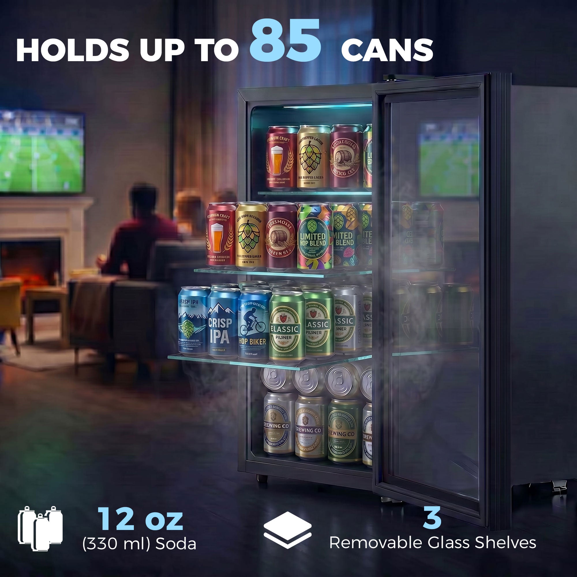 2.1 Cu.Ft Beverage Fridge, 85 Can Drink Fridge with Glass Door, Auto-Defrost and LED Lights for Soda, Beer, Black