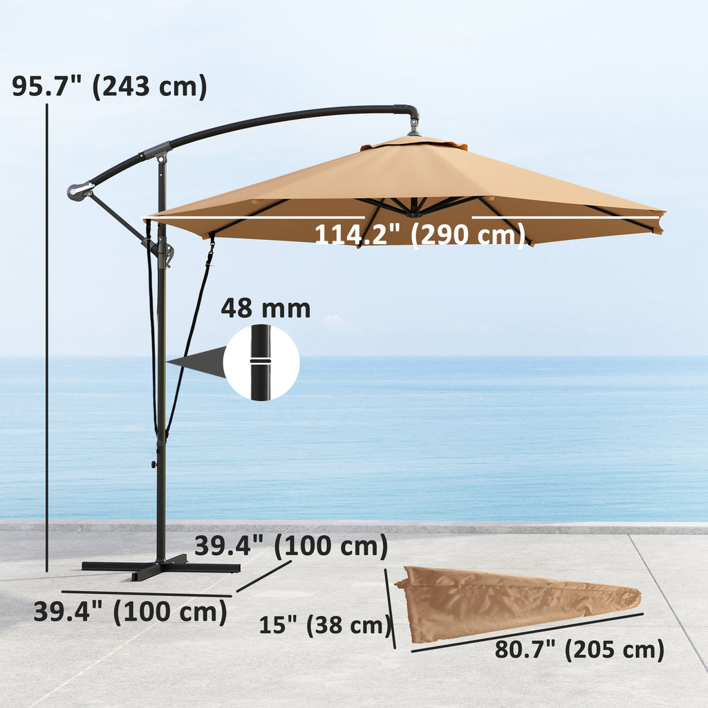 9.5' Cantilever Umbrella with Wind Protection Strap and Cover, Hanging Umbrella with Crank and Cross Base, Khaki