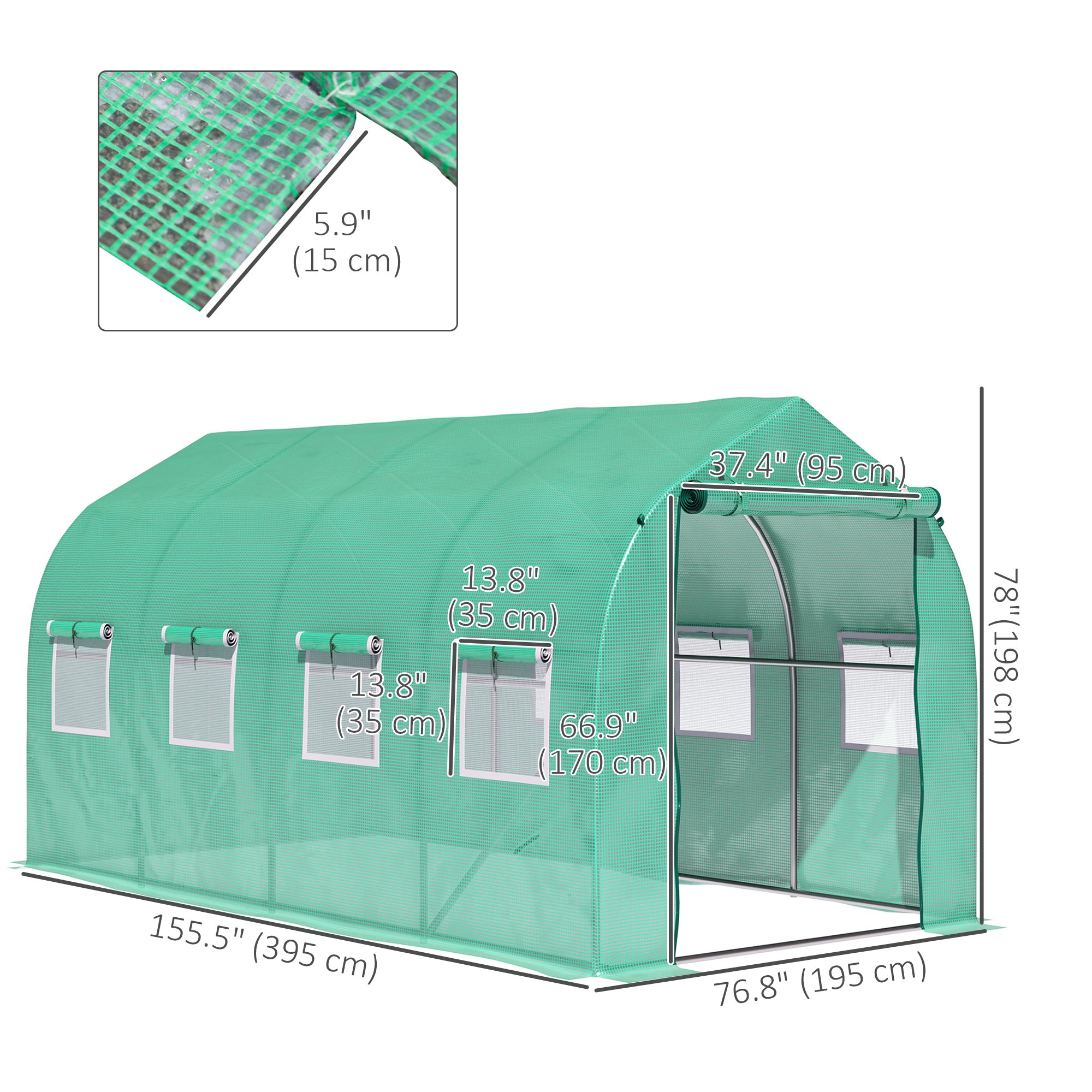 13'x6.6'x6.6' Polytunnel Greenhouse Walk in Greenhouse with Windows, Door & Wind Resistance Level 5, Green