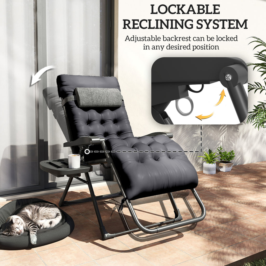 Padded Folding Recliner Chair, Patio Lounger with Cupholder, Adjustable Backrest, Removable Cushion, Black