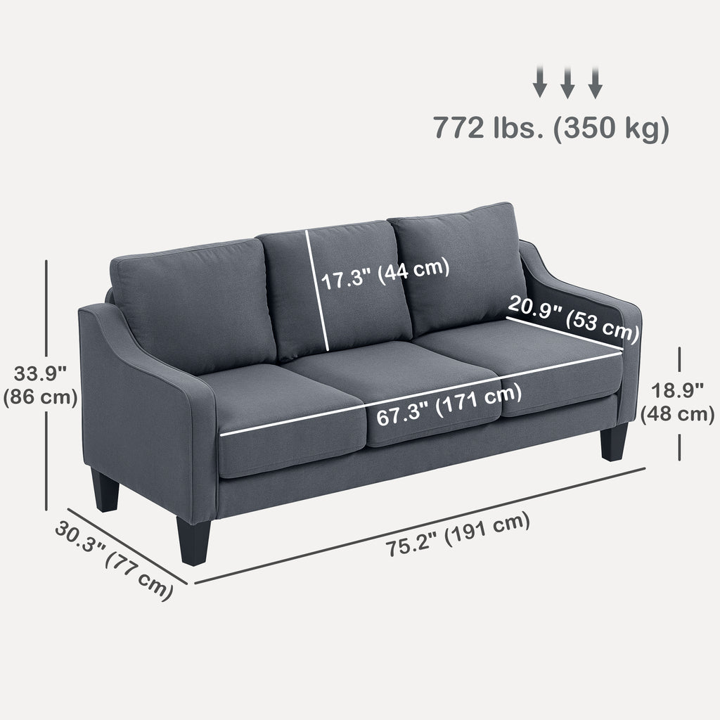 3 Seater Sofa, Modern Couch with Pocket Spring, Linen Upholstered, Thick Padded, Charcoal Grey