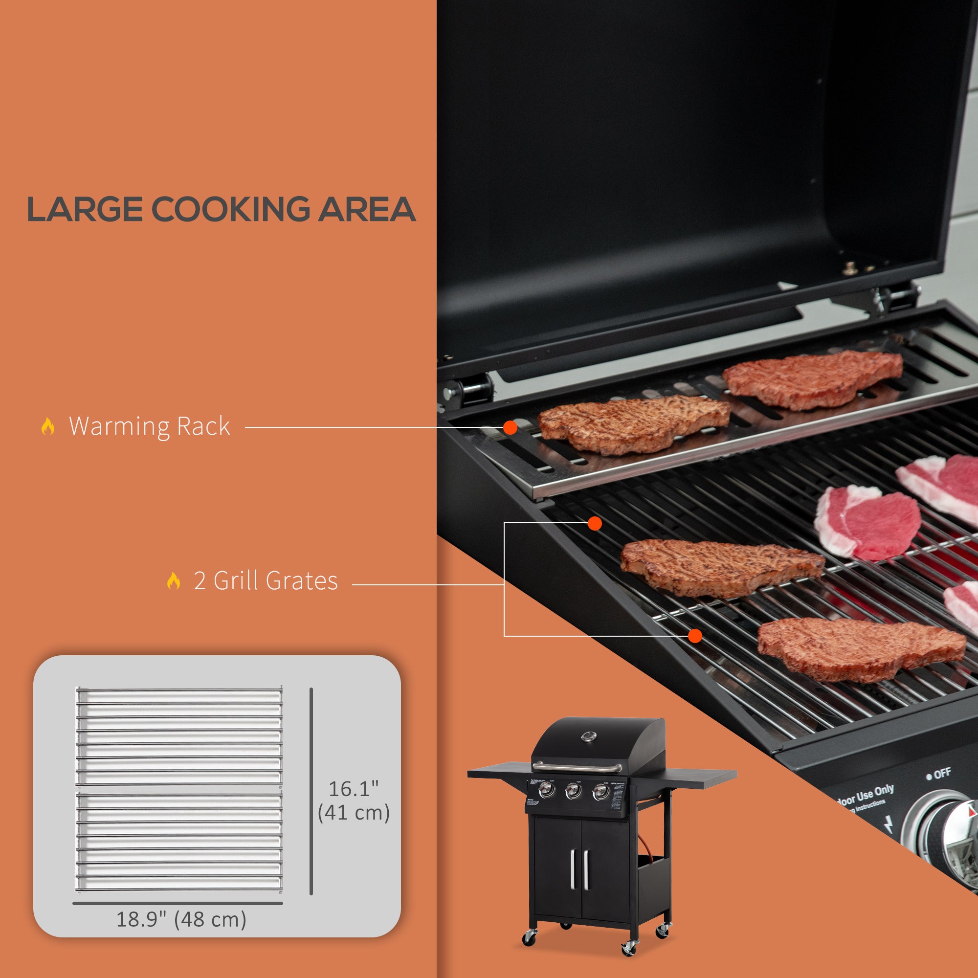 Outdoor 3 Burner Gas Grill Portable Barbecue w/ Wheels, Warming Rack, Shelves, Cabinet, Thermometer, Black