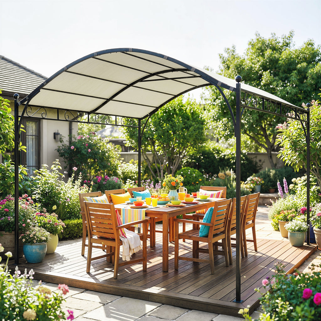 10' x 10' Outdoor Pergola with UV30+ Canopy Galvanized Steel Frame Sun Shade with Arched Top, Cream White