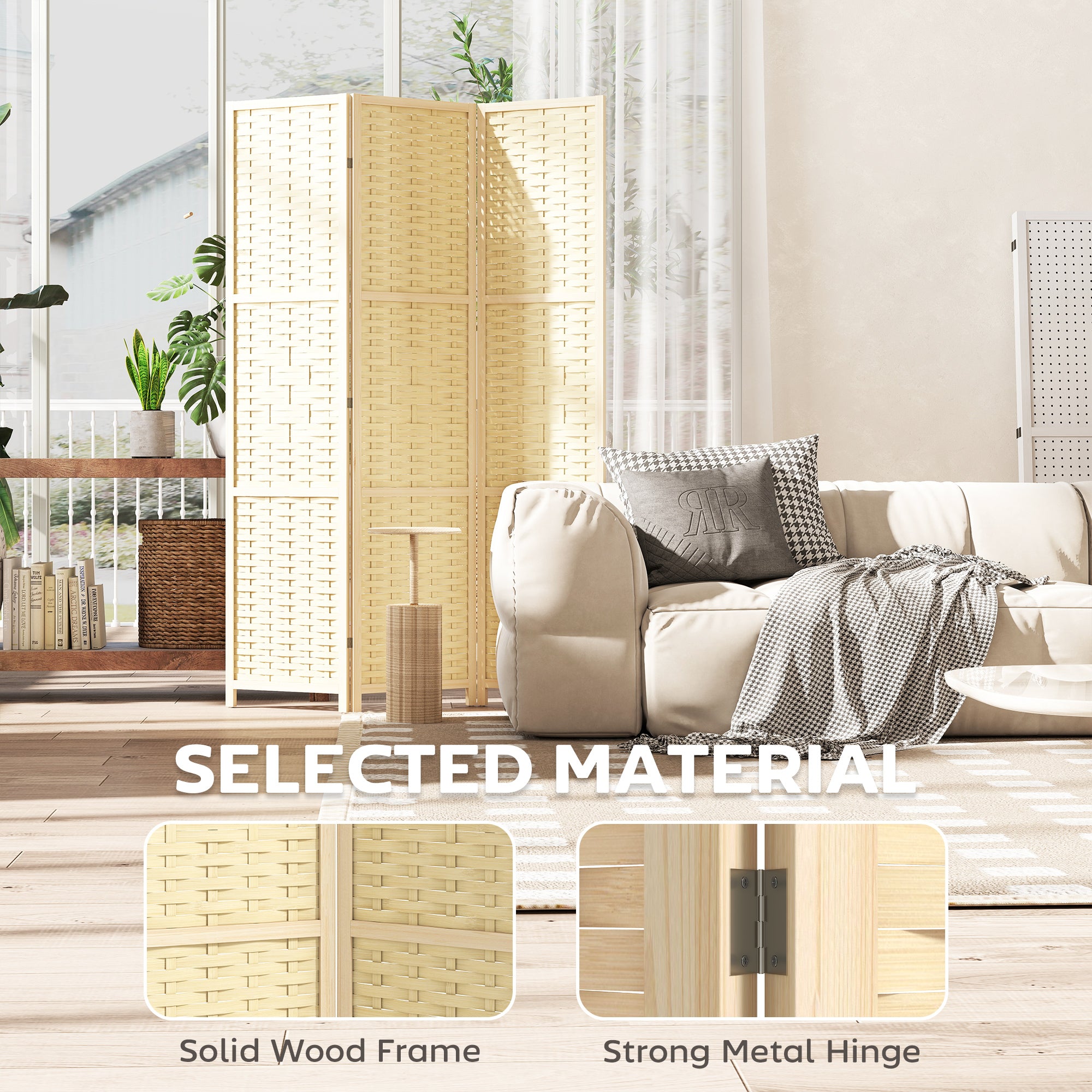 3-Panel Room Divider, 5.6 FT Freestanding Folding Privacy Screen, Partition Wall Divider, Natural Wood