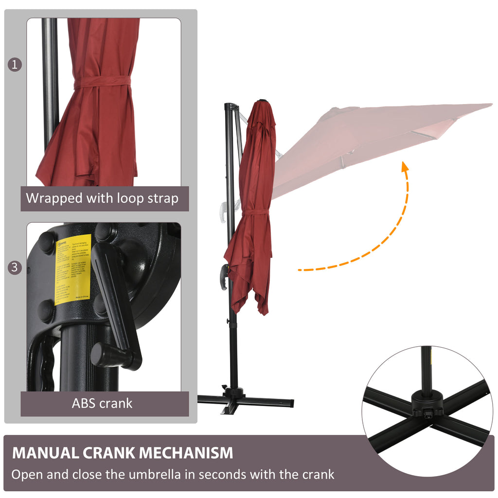 8' x 8' Square Patio Hanging Offset Umbrella with 360Â° Rotation, Aluminum Outdoor Cantilever Parasol with Crank & Tilt, Sun Canopy Shelter with Cross Base, Wine Red