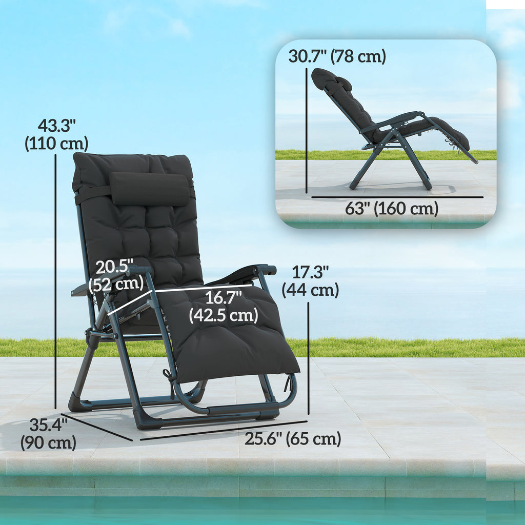 Folding Garden Chairs Set of 2, Reclining Zero Gravity Chair, Sun Lounger with Cushion and Headrest, Black