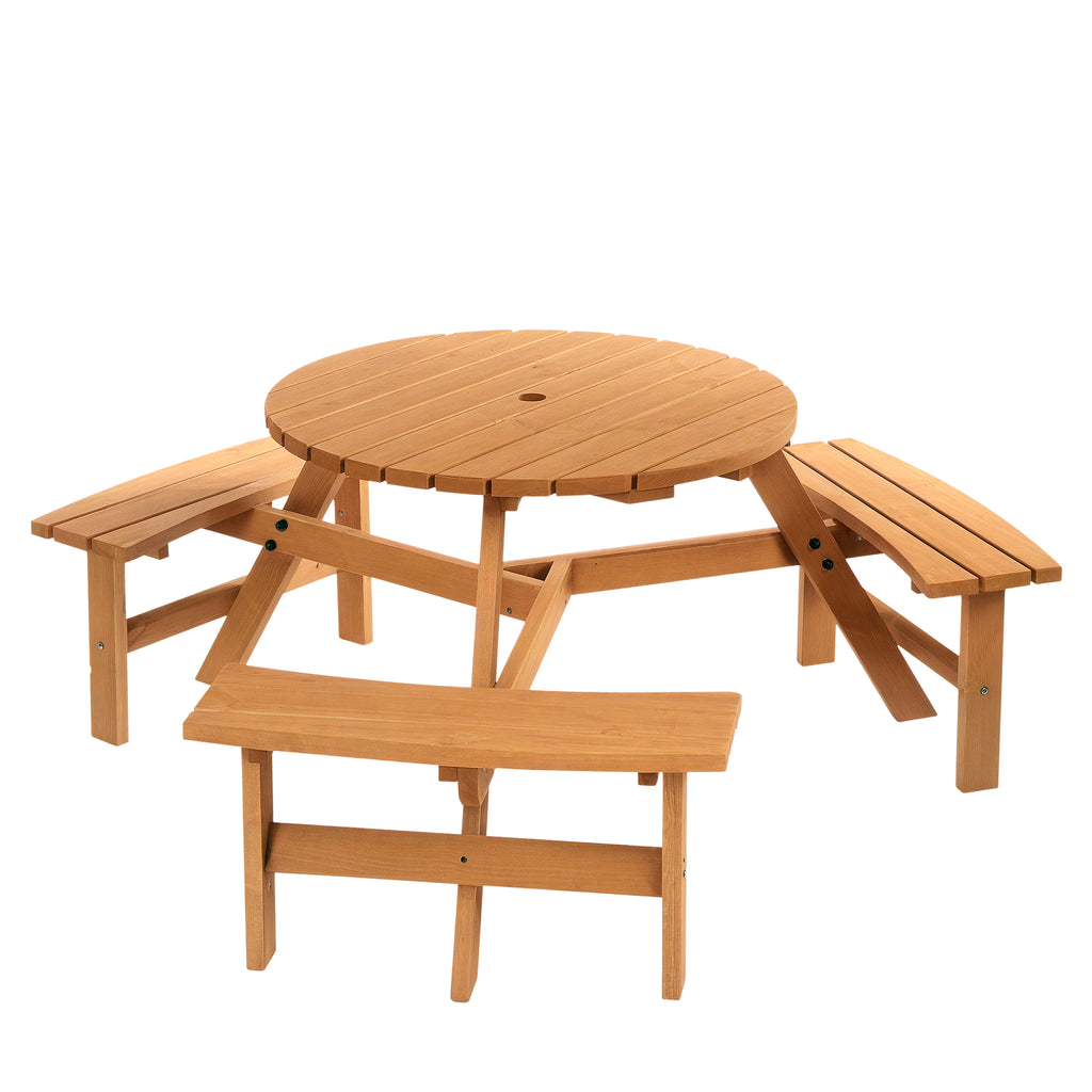 6 Person Round Picnic Table Bench Set with Umbrella Hole, Wood Patio Table with 3 Built-in Benches for Garden, Deck, Backyard, Brown
