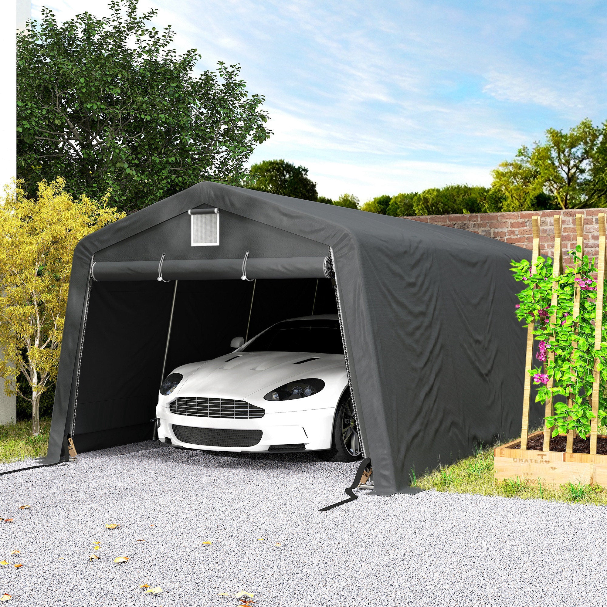 11' x 20' Portable Garage, Heavy Duty Carport Canopy with Ventilation Windows and Large Roll-up Door, Dark Grey