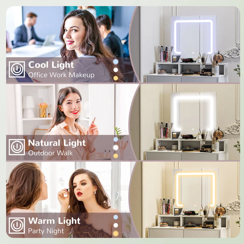 Modern makeup vanity desk with illuminated mirror and storage