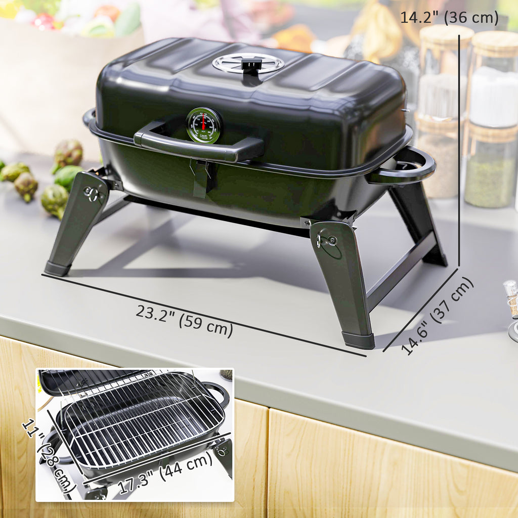Charcoal BBQ Grill, Foldable Barbecue Grill with Warming Rack, Adjustable Vent, Thermometer, Handles, Black