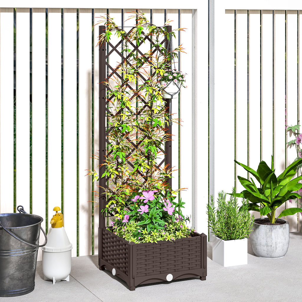 Raised Garden Bed with Trellis, Plastic Raised Flower Bed with Drainage Holes and Drain Plugs, 16" x 16" x 48"