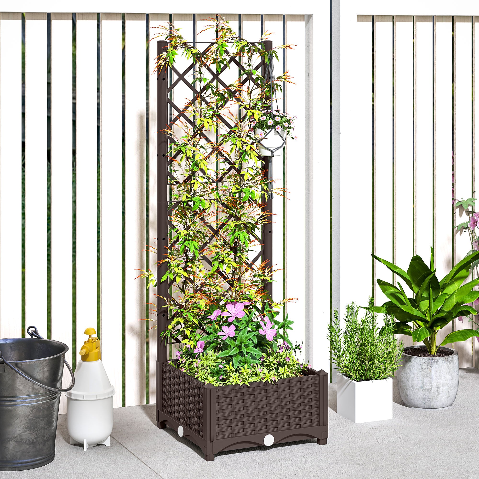 Raised Garden Bed with Trellis, Plastic Raised Flower Bed with Drainage Holes and Drain Plugs, 16" x 16" x 48"