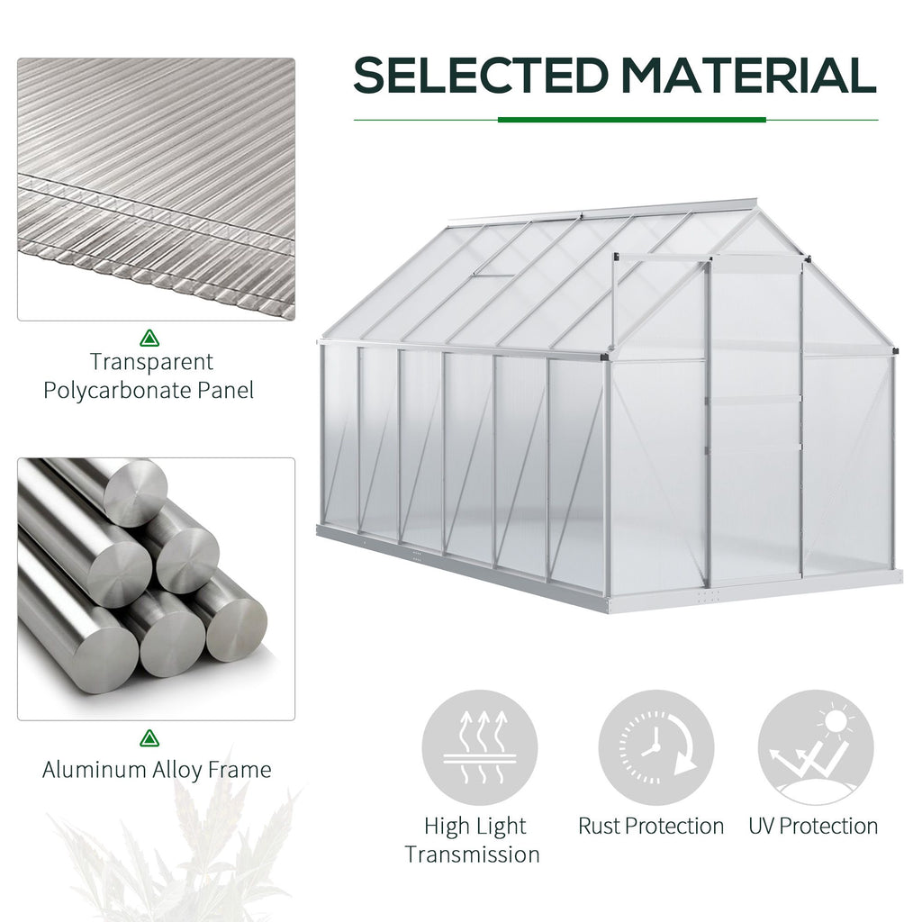 6' x 12' x 6.5' Walk-in Greenhouse, Polycarbonate Greenhouse with Adjustable Roof Vent, Base, Sliding Door, Clear