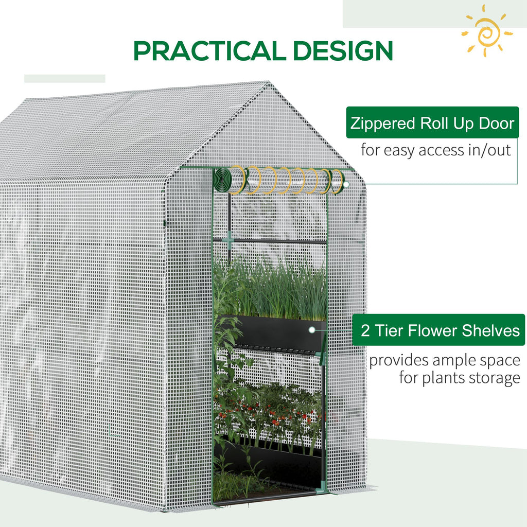 73" x 47" x 75" Walk-in Greenhouse Outdoor Portable Plant Flower Growth Warm House Garden Tunnel Shed with Roll-up Door and 4 Shelves, White