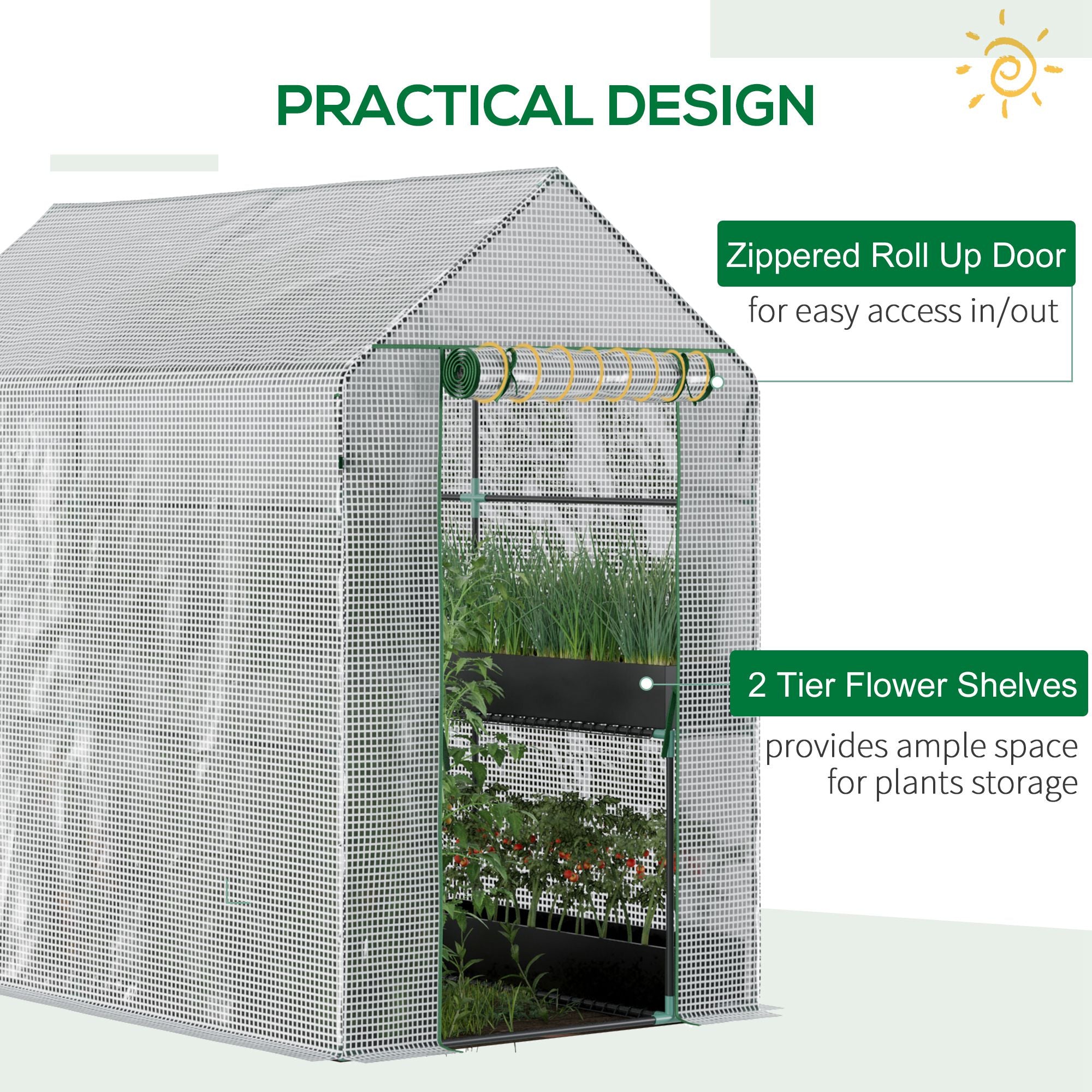 73" x 47" x 75" Walk-in Greenhouse Outdoor Portable Plant Flower Growth Warm House Garden Tunnel Shed with Roll-up Door and 4 Shelves, White