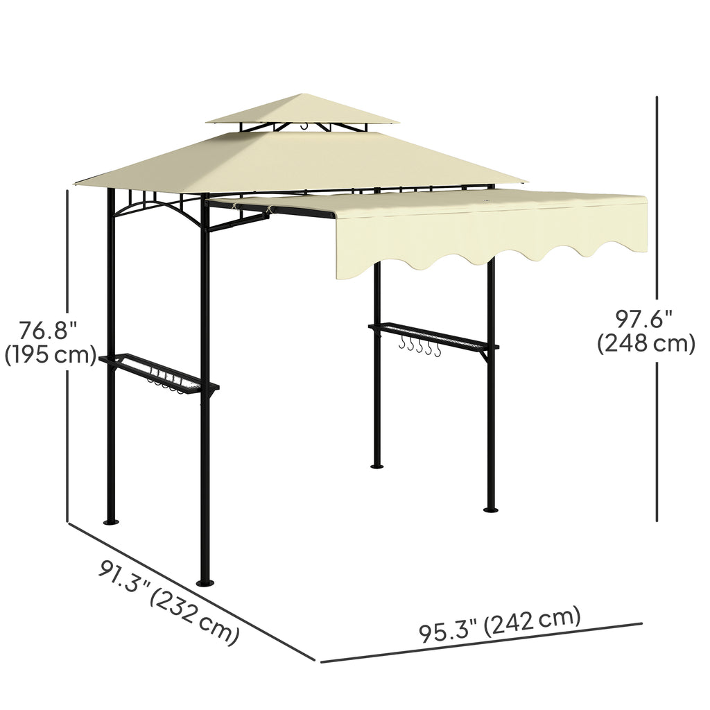 8' x 7.6' Grill Gazebo, Double Tiered Barbecue Grill Gazebo Shelter w/ Side Awning, 2 Side Shelves, 6 Hooks, Beige