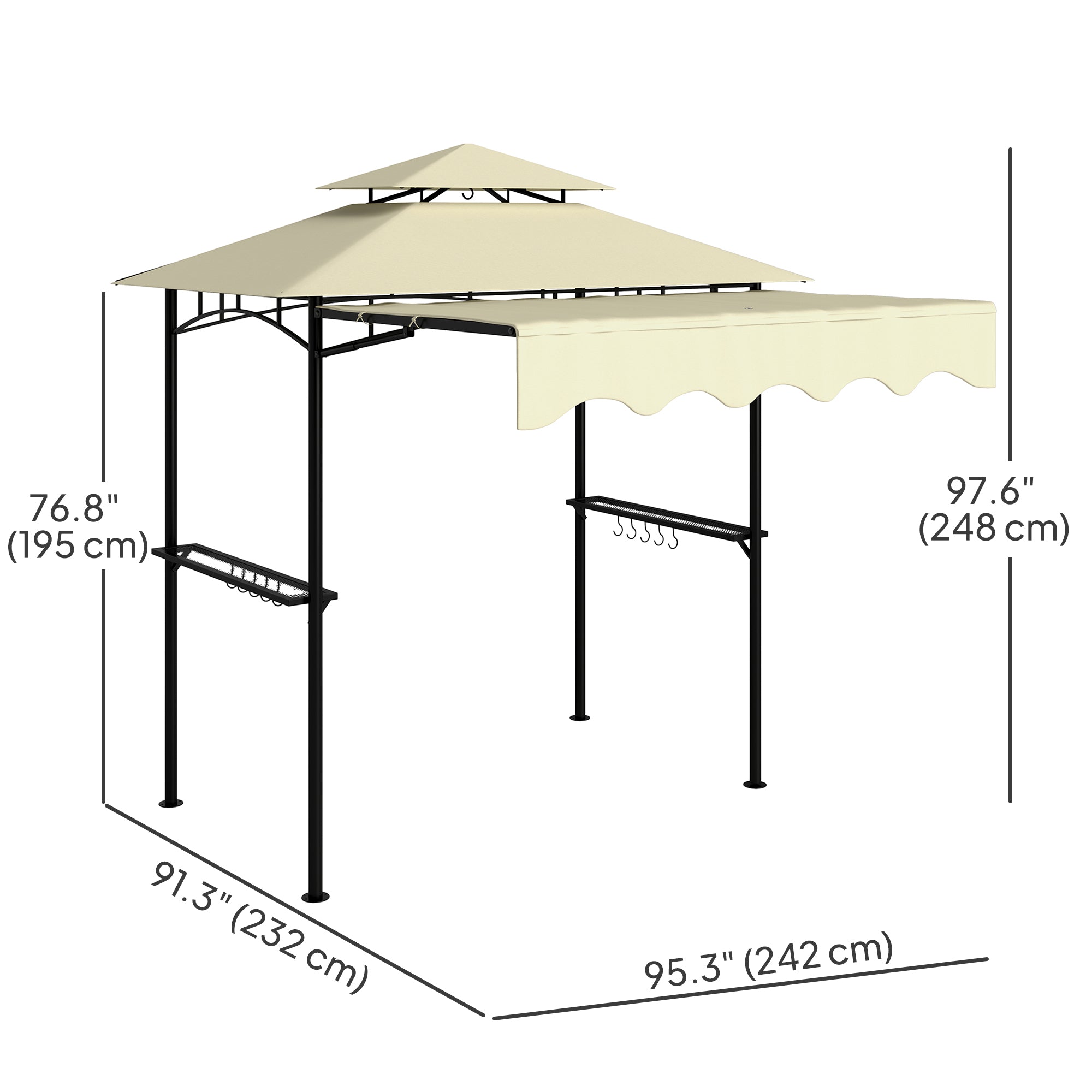8' x 7.6' Grill Gazebo, Double Tiered Barbecue Grill Gazebo Shelter w/ Side Awning, 2 Side Shelves, 6 Hooks, Beige