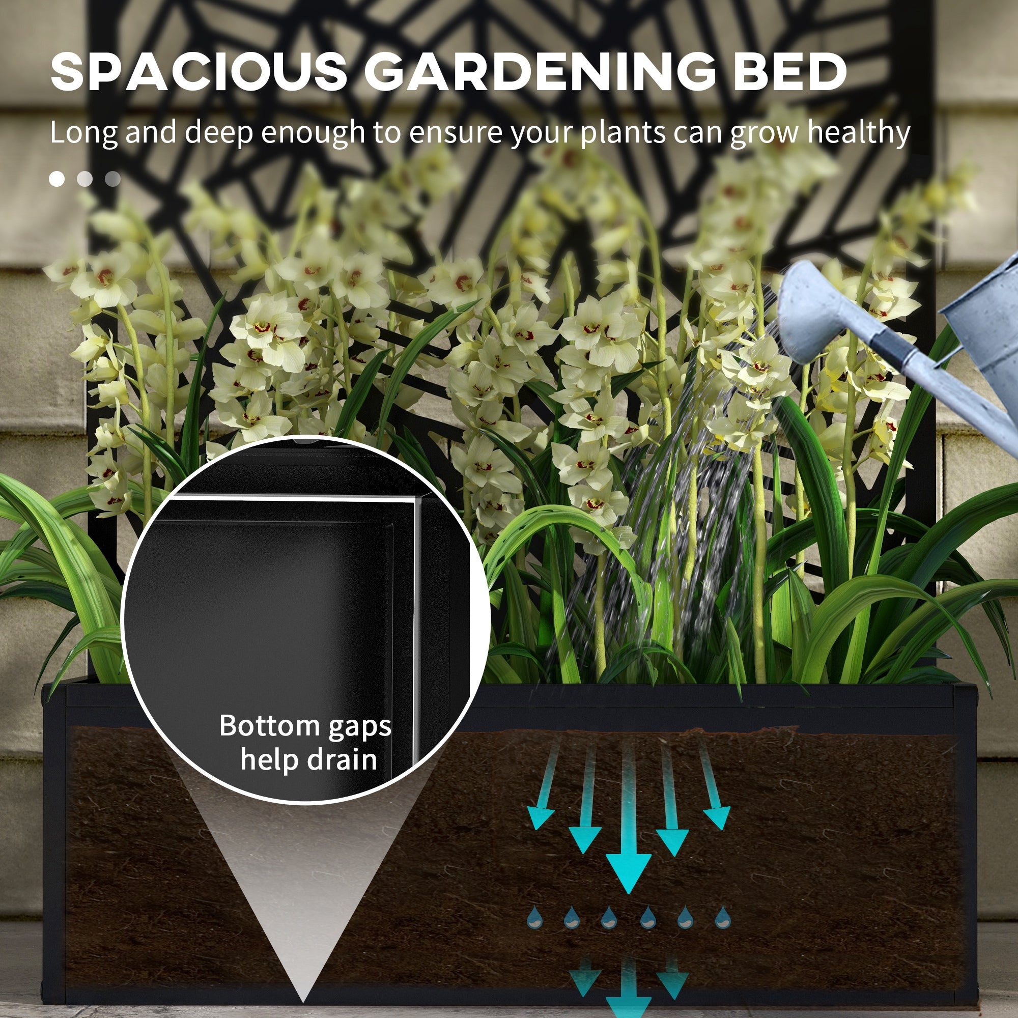 Metal Outdoor Raised Garden Bed with Privacy Screen, Privacy Panel and Planter Box, Wall-Mounted or Freestanding, Black