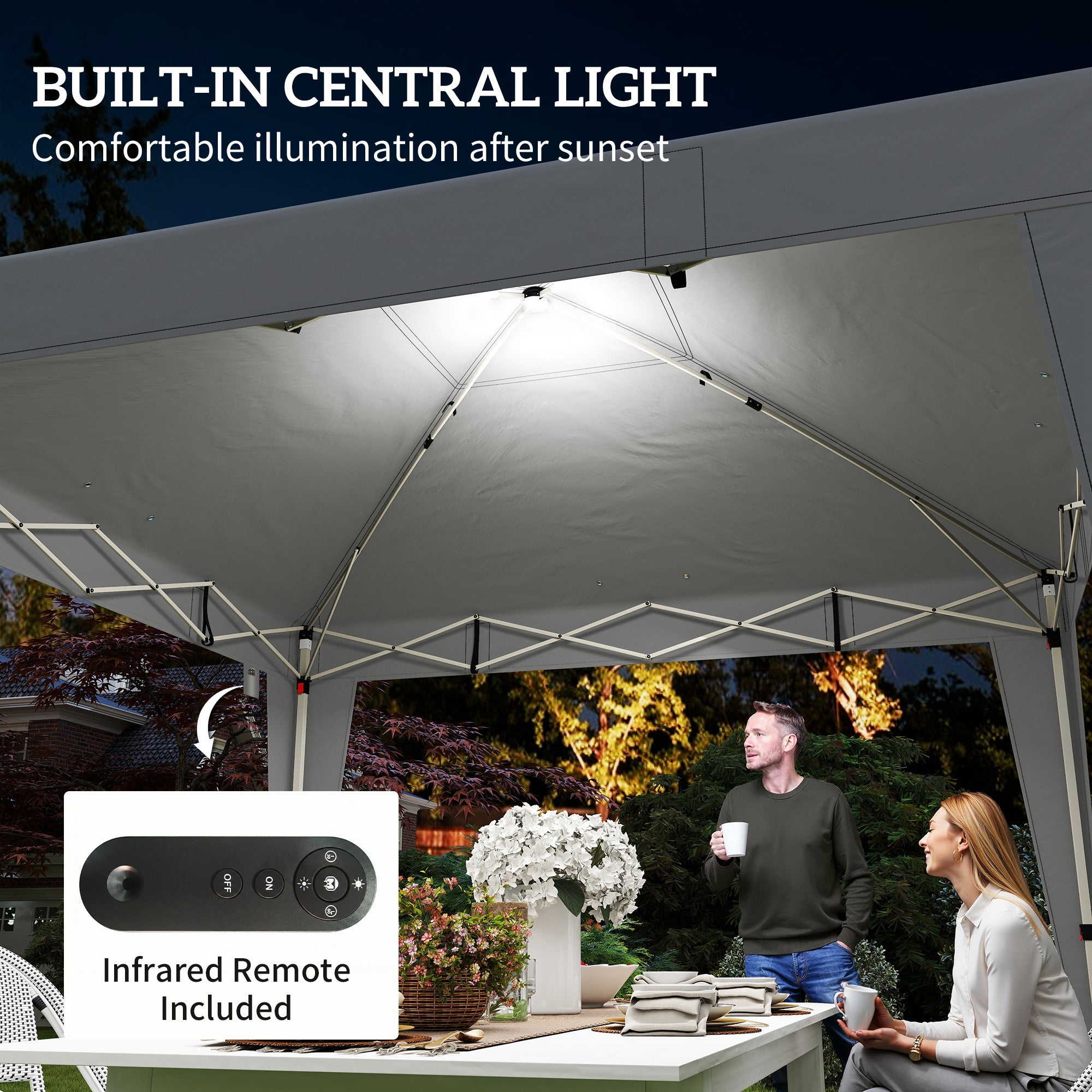 10 x 10 ft Pop Up Canopy Tent with Central Light, UPF 50+ Instant Portable Canopy Shelter with Remote, Light Grey