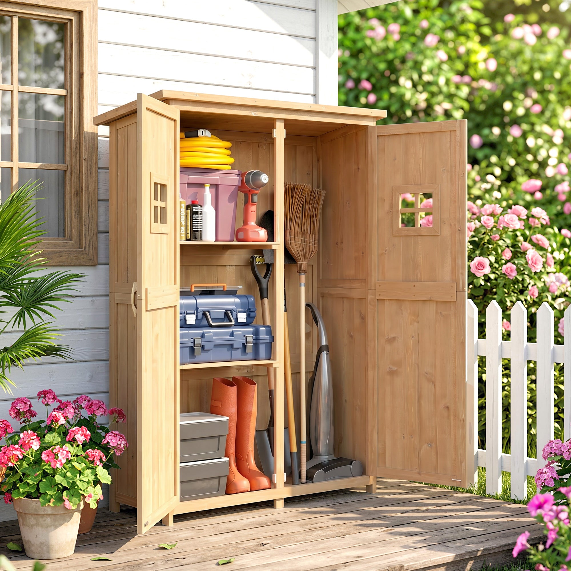 4x1.5ft Wooden Garden Storage Shed, Outdoor Tool Cabinet Organizer with Windows and Double Door, Nature Wood