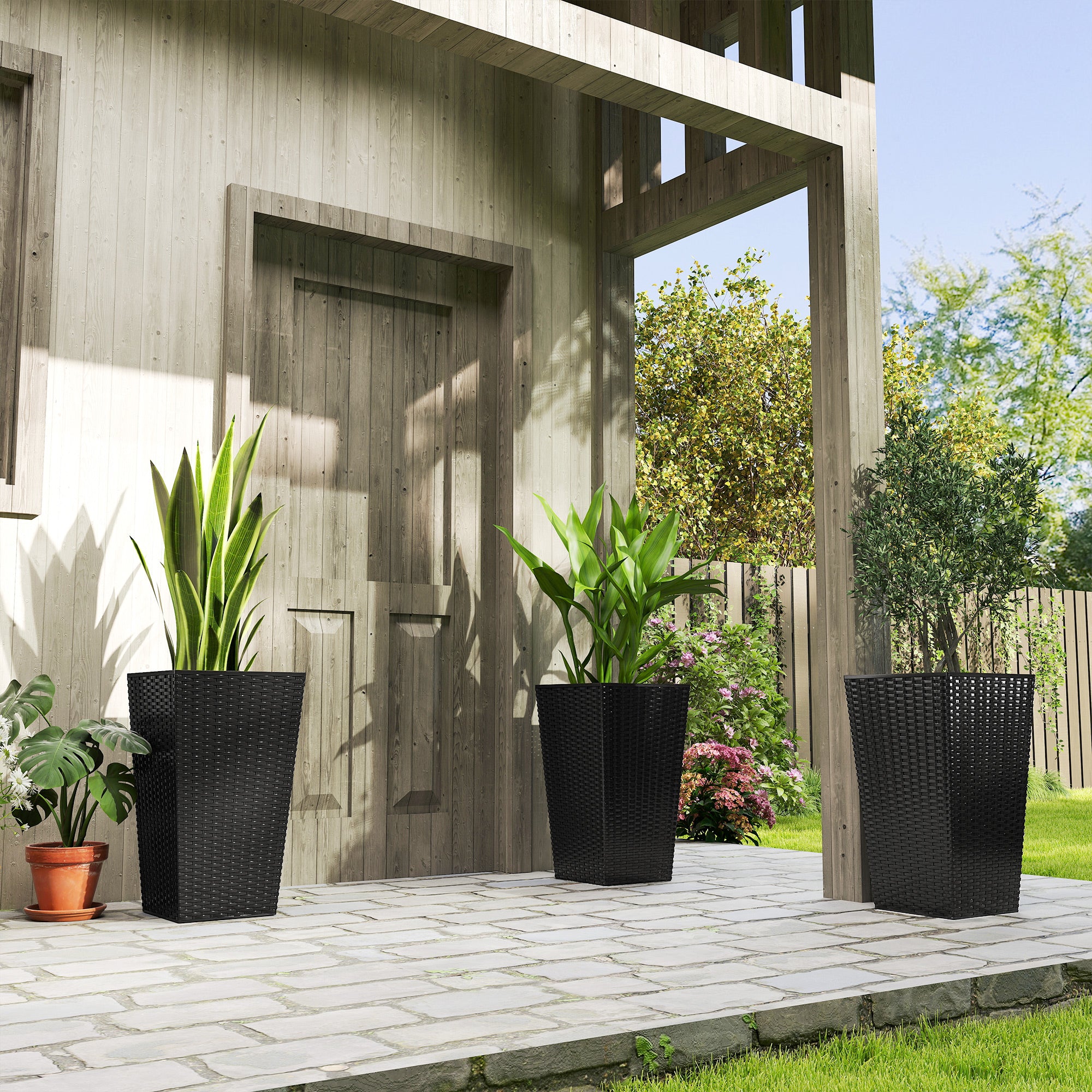 Set of 3 Tall Plant Stand, Outdoor & Indoor Flower Pot Set for Front Door, Entryway, Patio and Deck, Black
