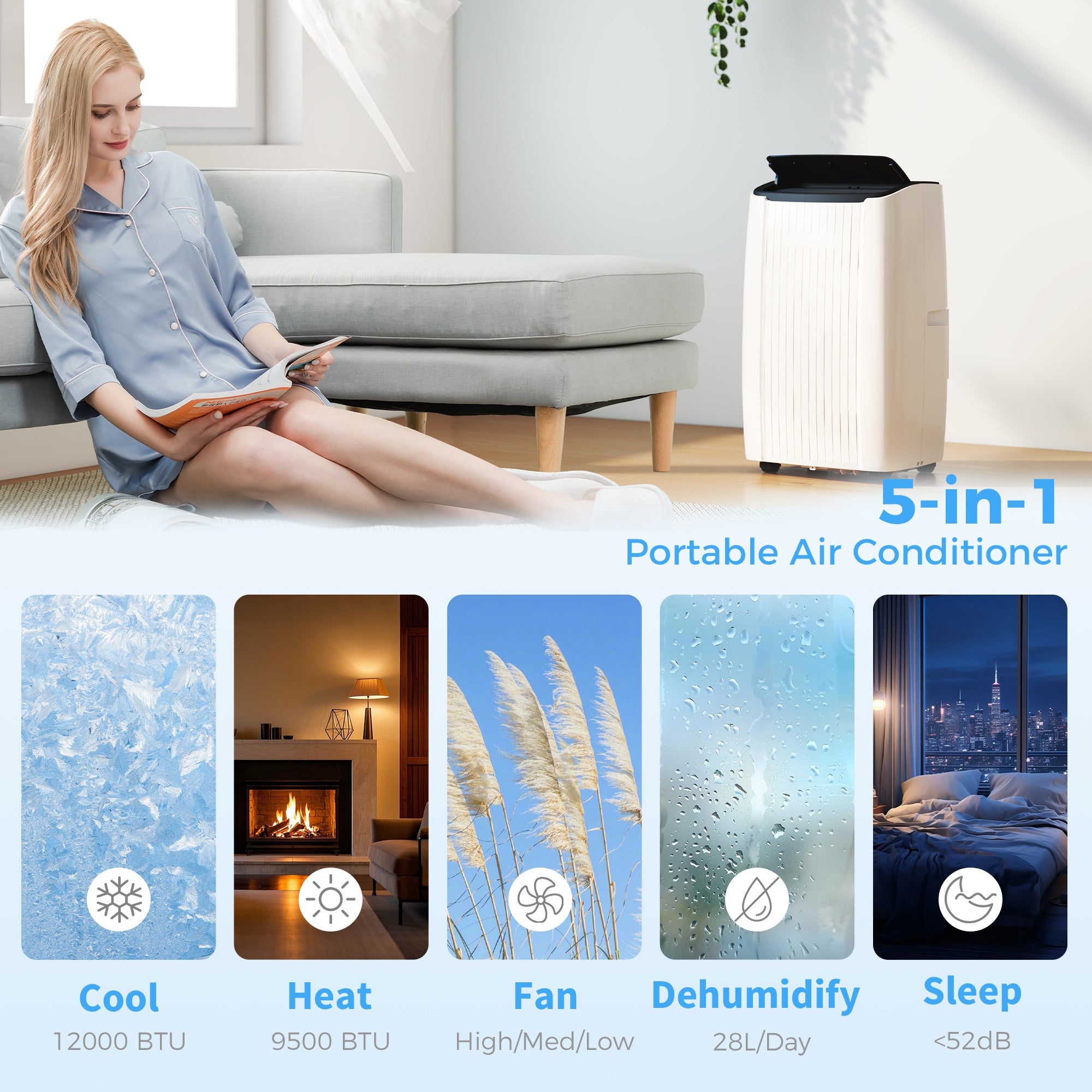 12000 BTU 5-in-1 Portable Air Conditioner with Cool, Heat, Dehumidifier, Fan, Sleep, WiFi Voice Control, White