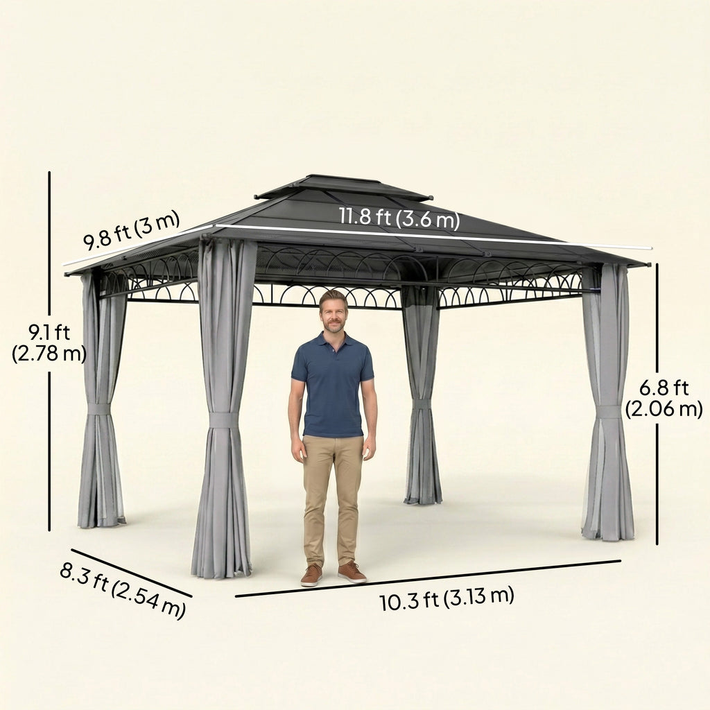 10' x 12' OutdoorÂ Hardtop Gazebo Canopy w/Â Double PC Roof, Steel Frame, Nettings,Â Curtains forÂ GardenÂ LawnÂ Deck, Grey