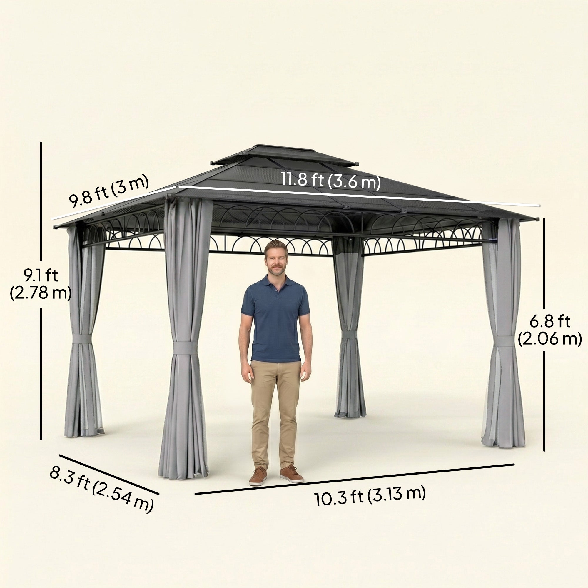 10' x 12' OutdoorÂ Hardtop Gazebo Canopy w/Â Double PC Roof, Steel Frame, Nettings,Â Curtains forÂ GardenÂ LawnÂ Deck, Grey