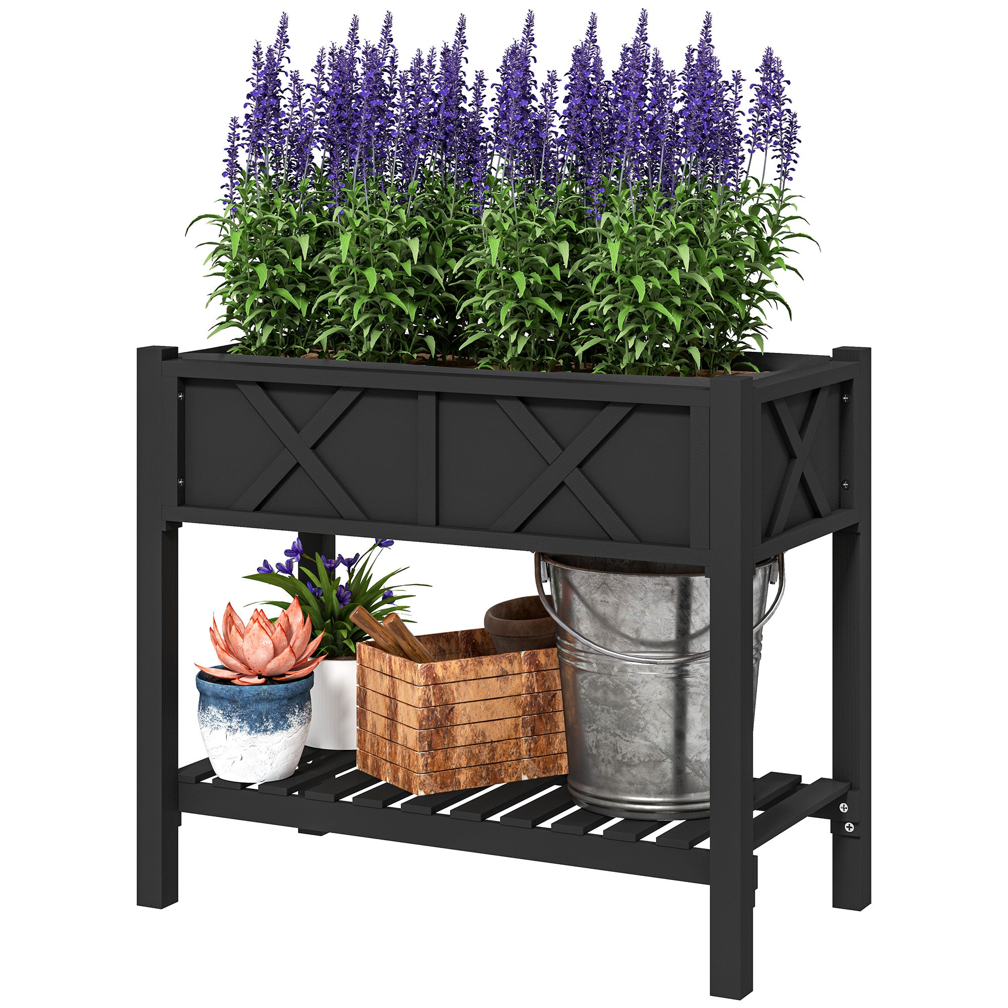 Wooden Raised Garden Bed, Elevated Planter Box with Storage Shelf, Drainage Holes and Liner, 34" x 18" x 30", Black