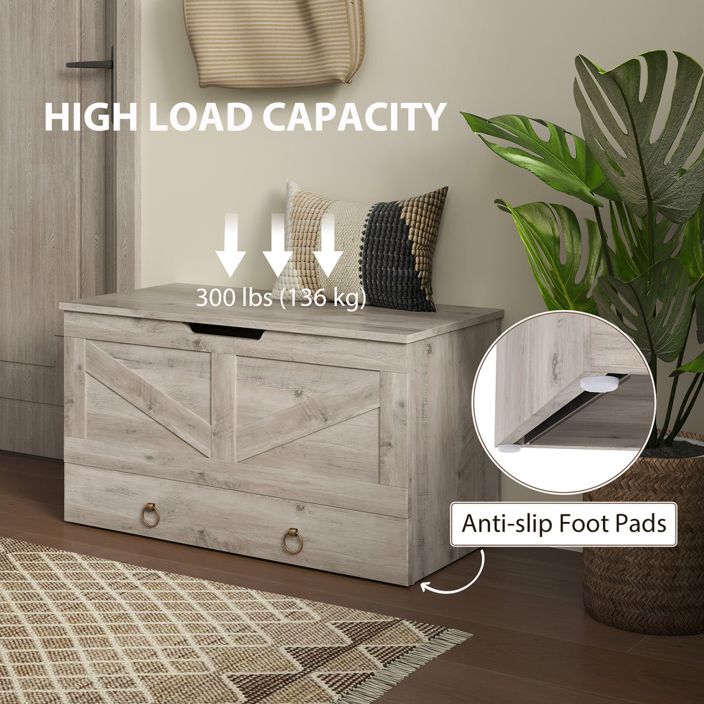 31.5 Inches Storage Chest, Storage Trunk with 2 Safety Hinges for Living Room, Grey Wood Grain