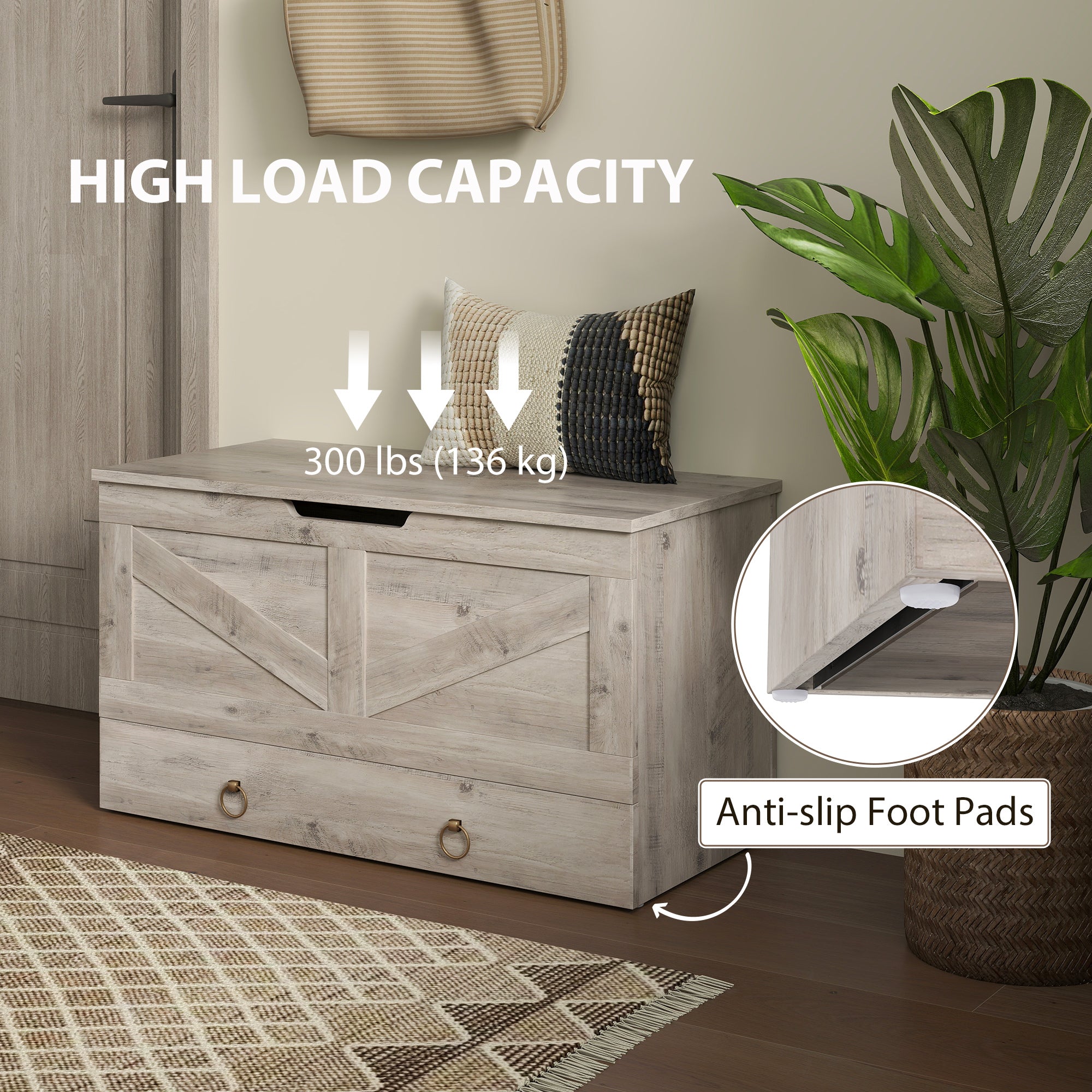 31.5 Inches Storage Chest, Storage Trunk with 2 Safety Hinges for Living Room, Grey Wood Grain