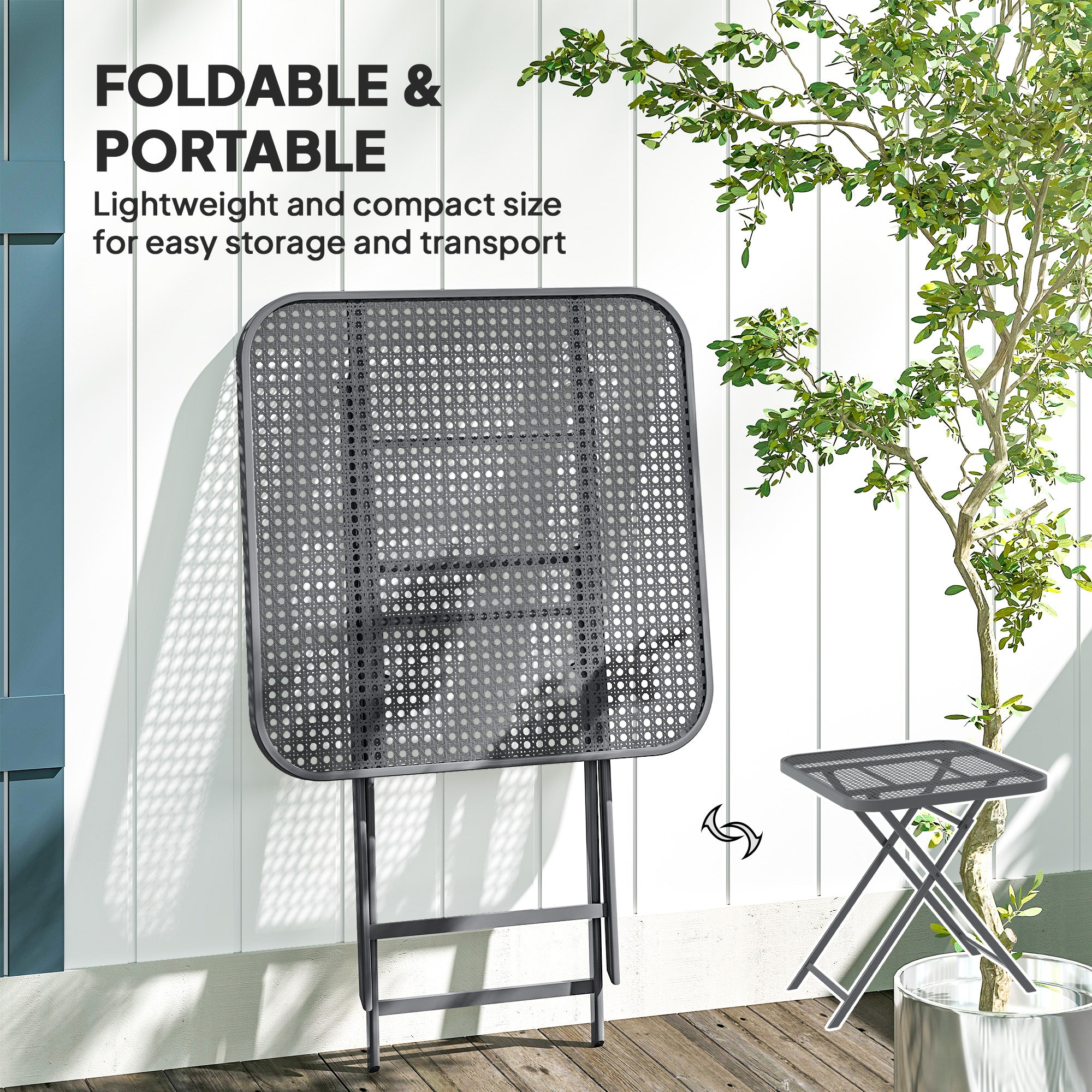 27.5" Square Outdoor Patio Table, Outdoor Folding Table with Grid Rattan-Like Top for Camping, Picnic, Light Grey