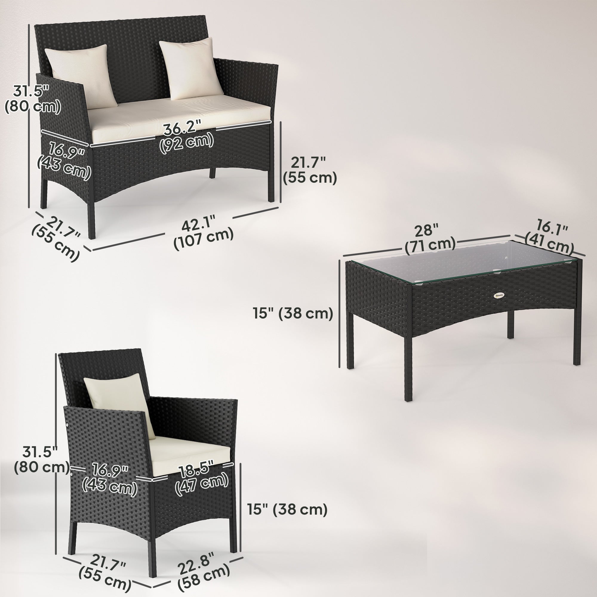 4-Piece Rattan Outdoor Furniture Set Patio Furniture Set with Coffee Table 22.8" W x 21.7" D x 33.5" H Black & Cream