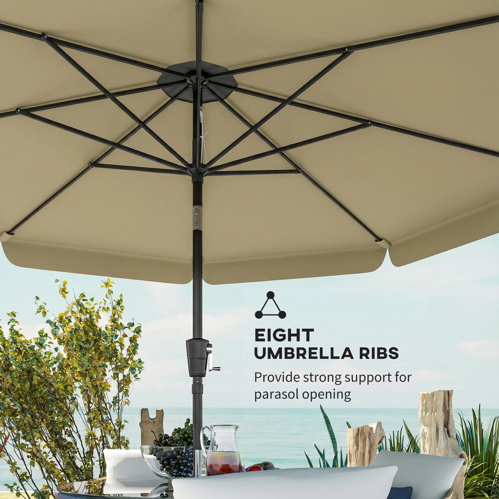 10 ft Patio Umbrella with Push Button Tilt and Crank, Outdoor Market Table Umbrella Parasol, Khaki
