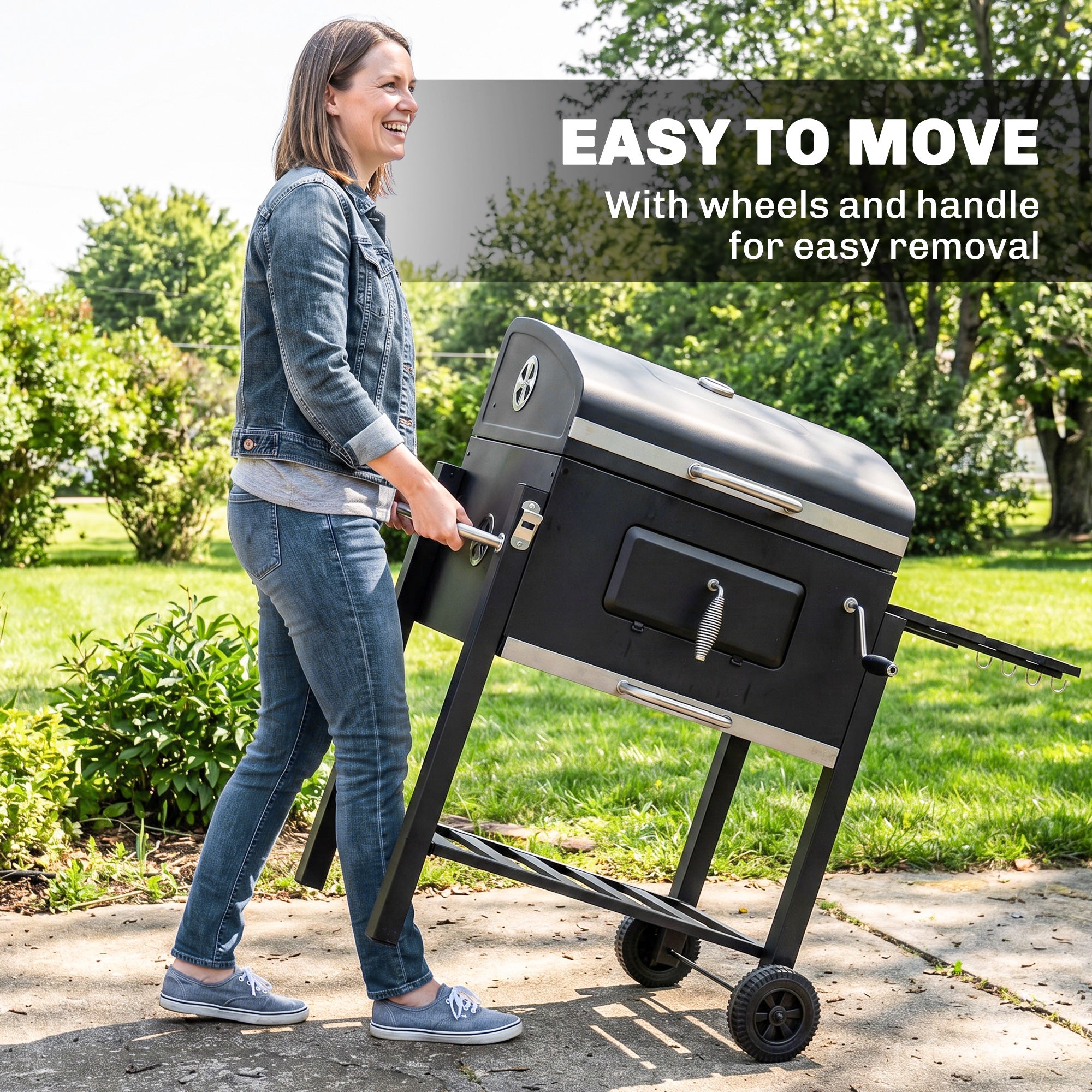 BBQ Trolley Charcoal Grill Portable Stainless Steel Barbecue Tool Kits w/ Wheels Side Shelf for Camping Hiking Picnic