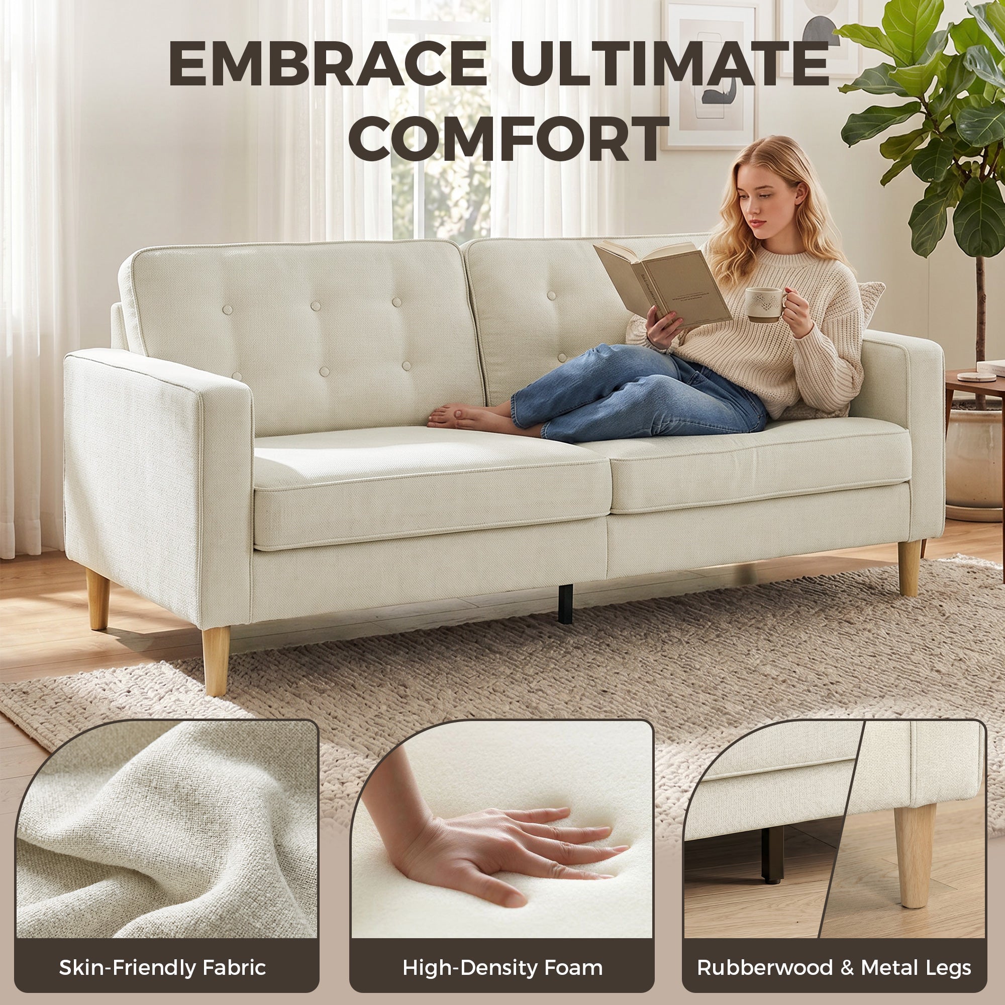 3 Seater Sofa Upholstered with Padded Cushion Modern Button Tufted Couch with Wood Legs, Cream White