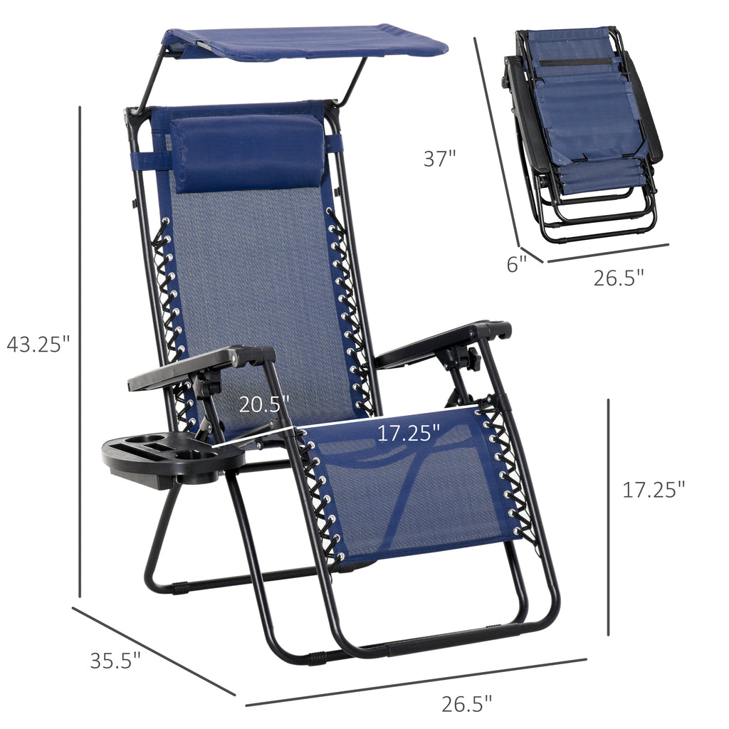 Zero Gravity Chair Set of 2 with Canopy Shade, Outdoor Folding Lounge Chair with Side Tray, Cup Holder, Reclining Lounger with Breathable Mesh Seat and Pillow, Blue