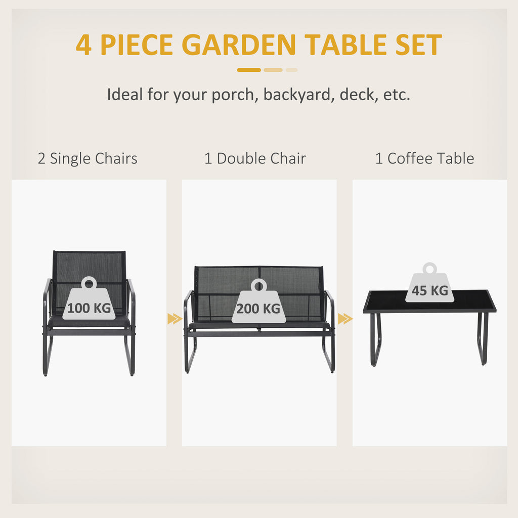4 Piece Patio Furniture Set, Outdoor Conversation Set with Loveseat Sofa, Armchairs, Glass Top Coffee Table, Black