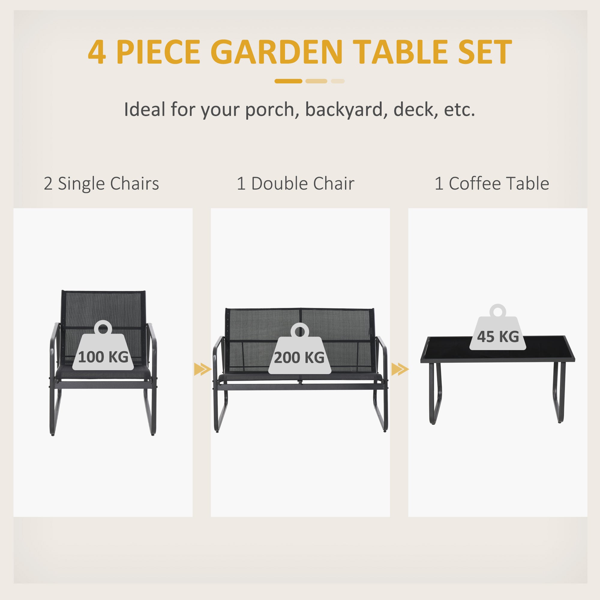 4 Piece Patio Furniture Set, Outdoor Conversation Set with Loveseat Sofa, Armchairs, Glass Top Coffee Table, Black