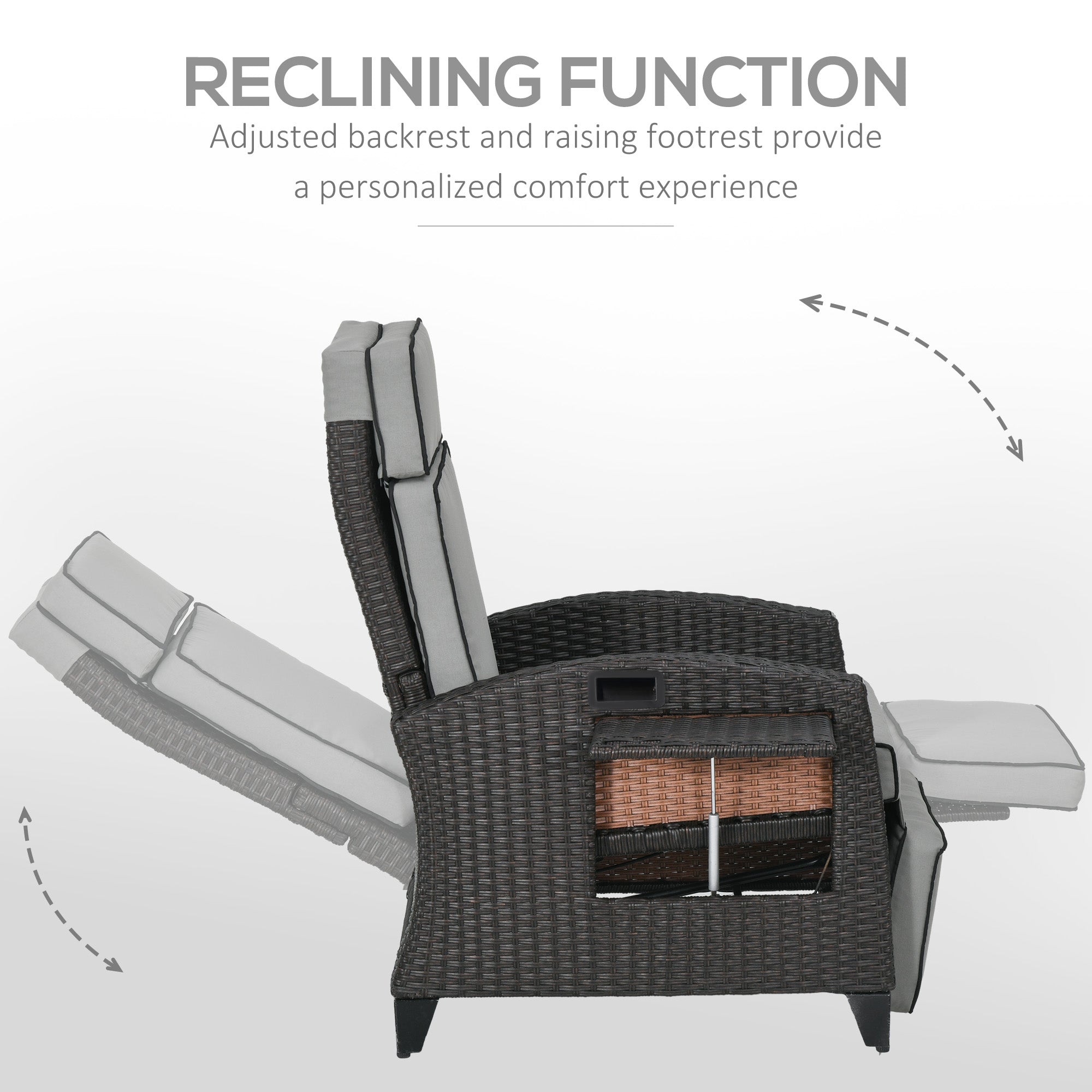 Wicker Recliner Chair with Adjustable Backrest and Footrest, Washable Cushion, Side Tray, Light Grey