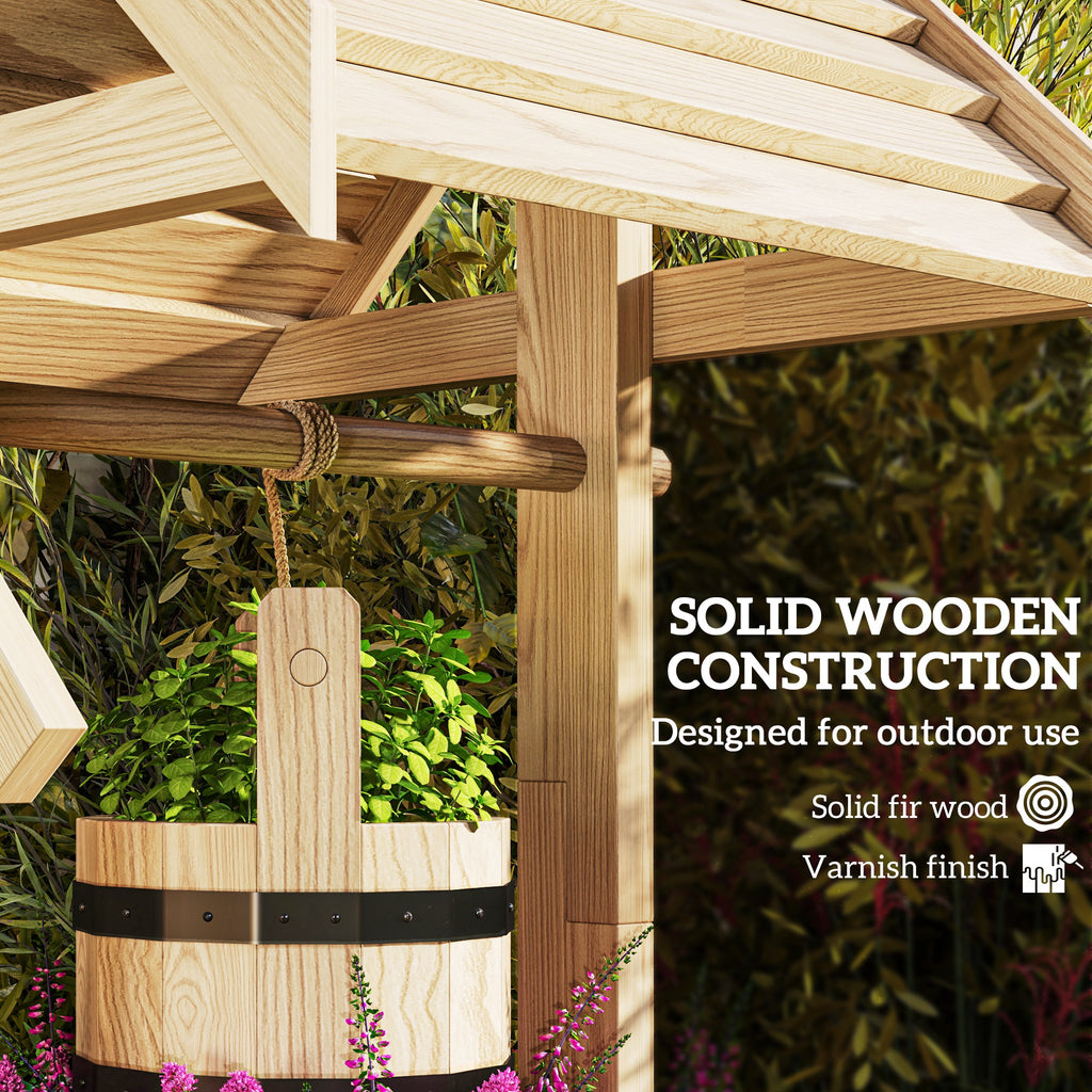 Wood Wishing Well Outdoor Wooden Planter with Hanging Bucket and Drainage Hole for Garden, Patio, Backyard, Natural
