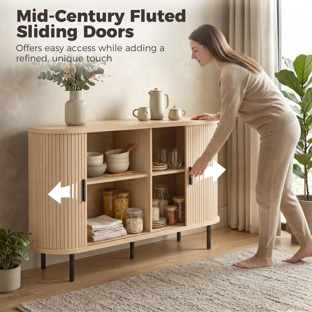 Fluted Sideboard Buffet Cabinet, 55" Mid Century Coffee Bar Cabinet with Sliding Doors and Adjustable Shelves, Natural