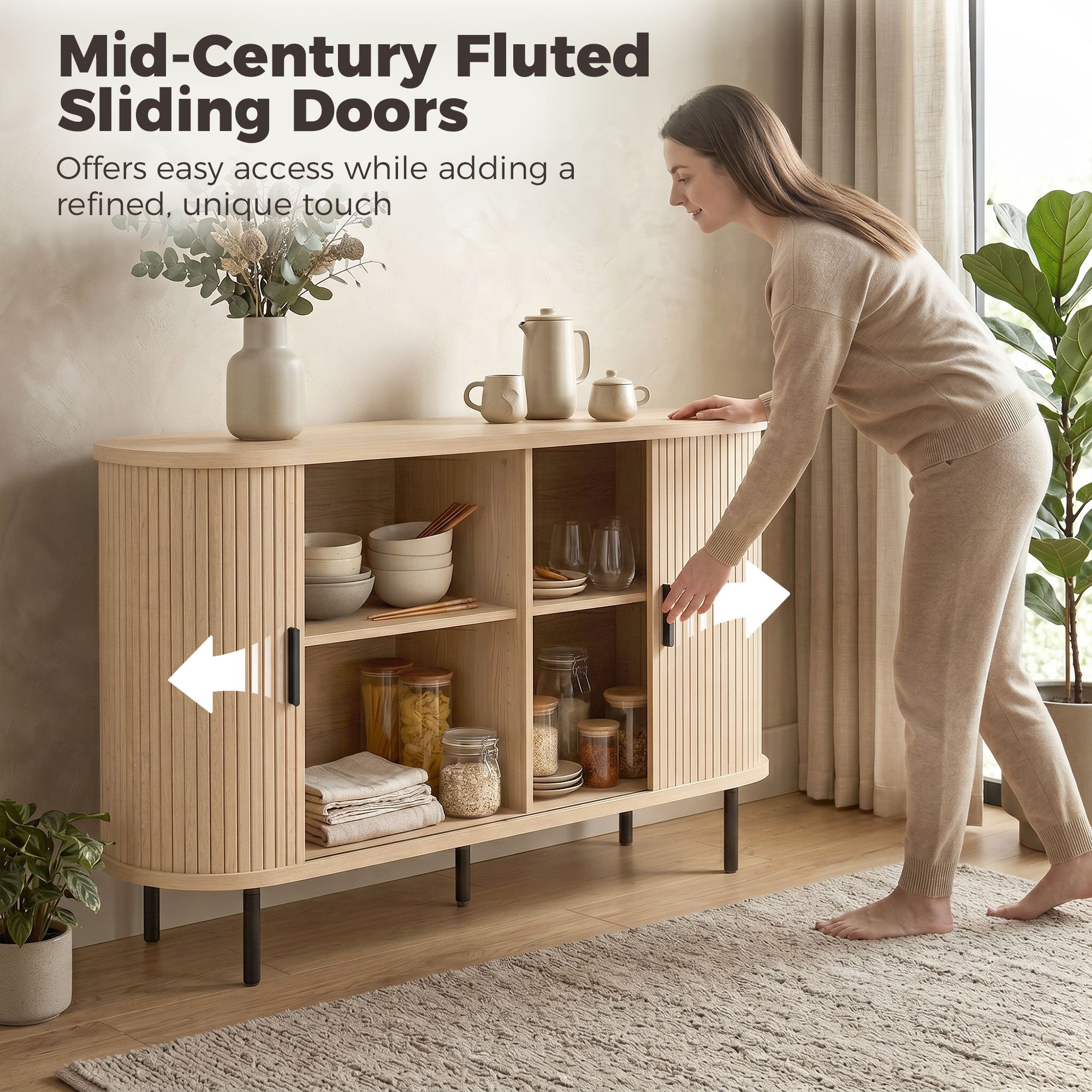 Fluted Sideboard Buffet Cabinet, 55" Mid Century Coffee Bar Cabinet with Sliding Doors and Adjustable Shelves, Natural