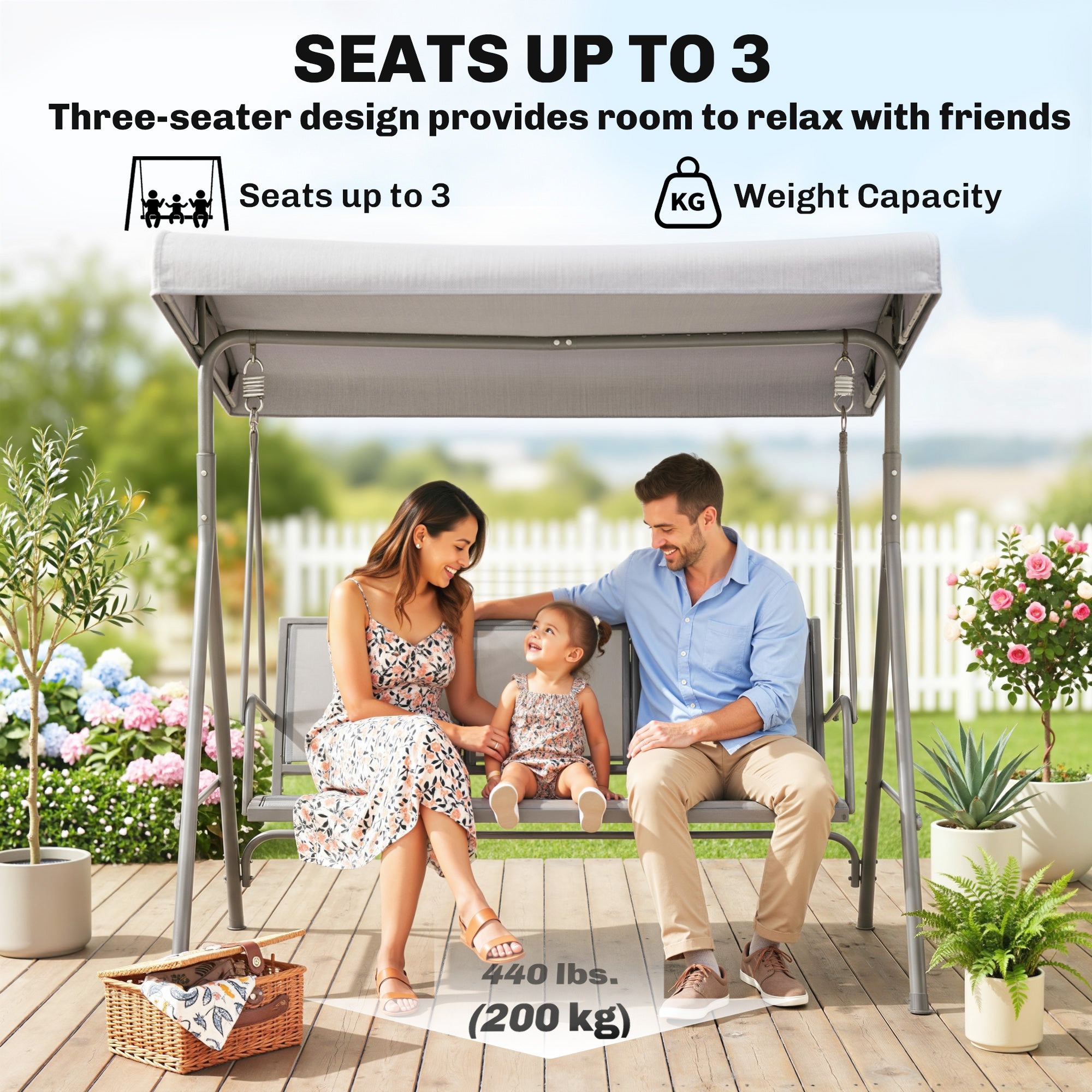 3-Seater Swing Chair Covered Garden Hammock A-Frame Outdoor Porch Glider Sling Seat with Adjustable Canopy Cover, Grey