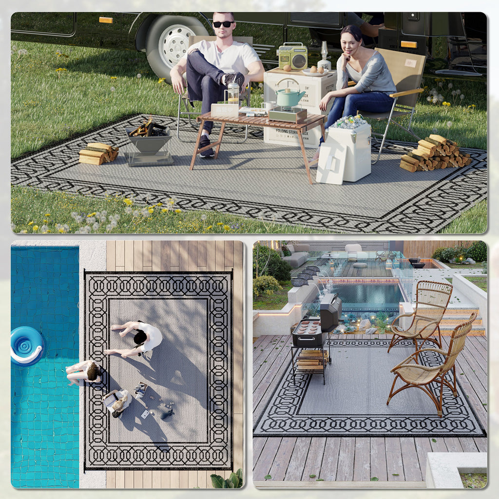 Portable Outdoor Rug with Carrying Bag, 9' x 12' Reversible Mat, Waterproof Plastic Straw RV Rug for Backyard, Deck, Picnic, Beach, Camping, Black and Grey