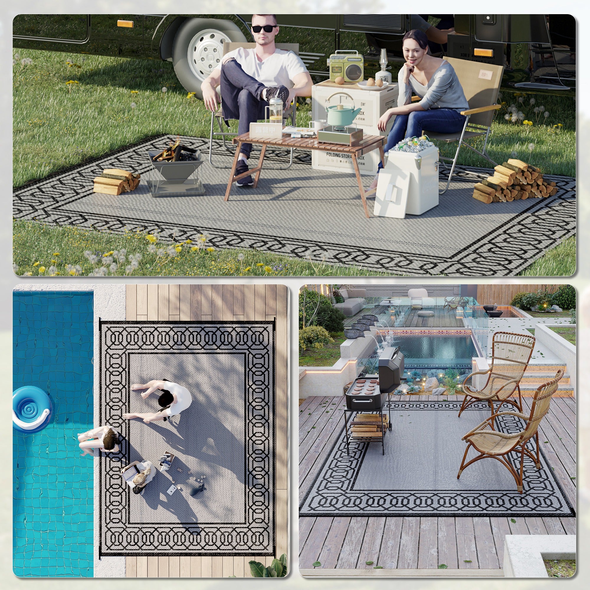 Portable Outdoor Rug with Carrying Bag, 9' x 12' Reversible Mat, Waterproof Plastic Straw RV Rug for Backyard, Deck, Picnic, Beach, Camping, Black and Grey