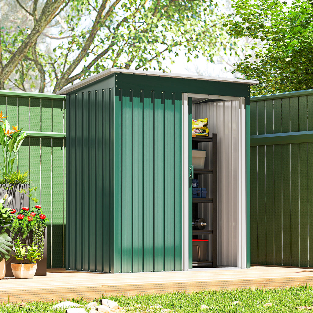 5 x 3 FT Outdoor Storage Shed with Sliding Door and Sloped Roof, Steel Frame Garden Shed Tool Equipment, Green
