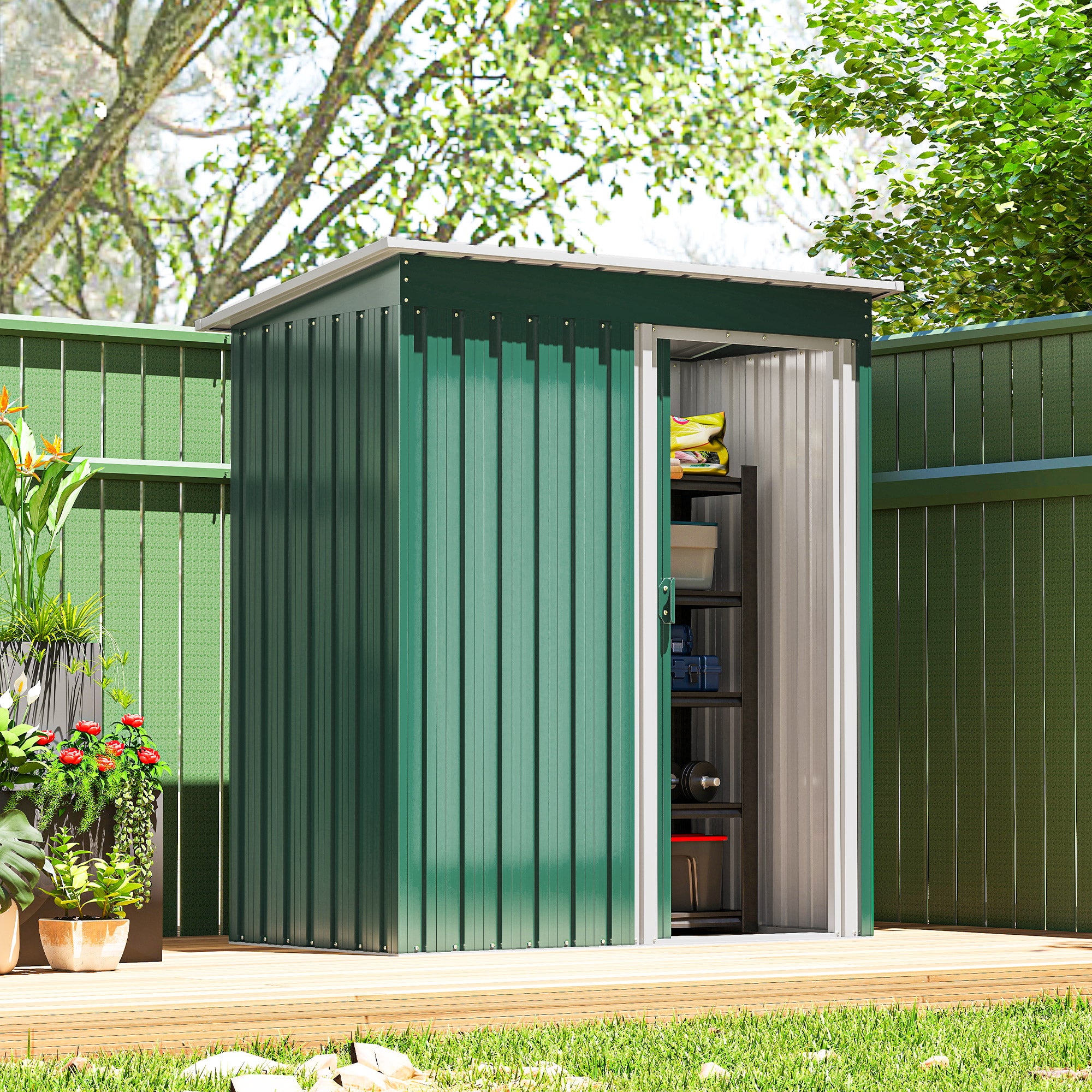 5 x 3 FT Outdoor Storage Shed with Sliding Door and Sloped Roof, Steel Frame Garden Shed Tool Equipment, Green