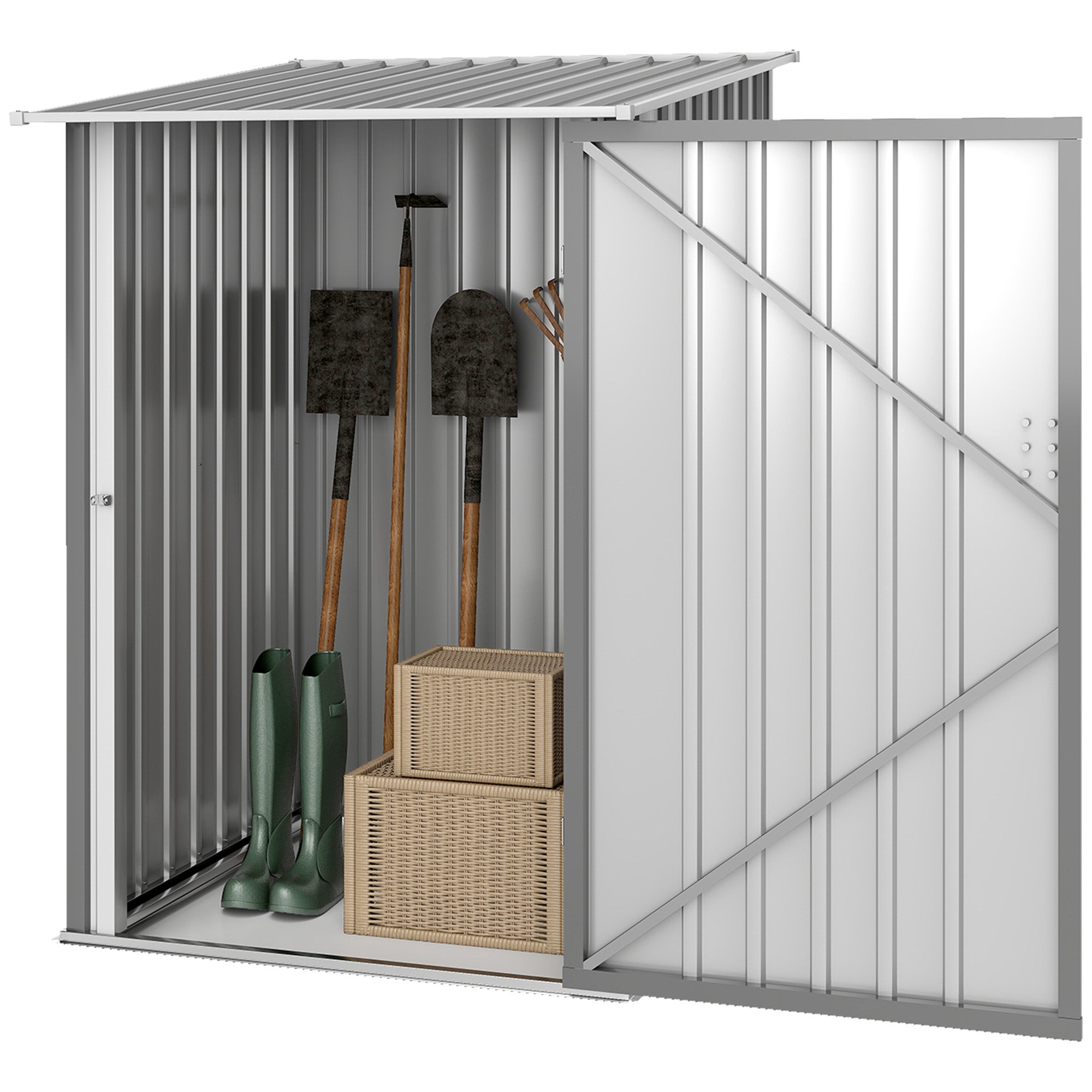 3.3' x 3.4' Lean-to Garden Storage Shed, Outdoor Galvanized Steel Tool House with Lockable Door for Patio Grey